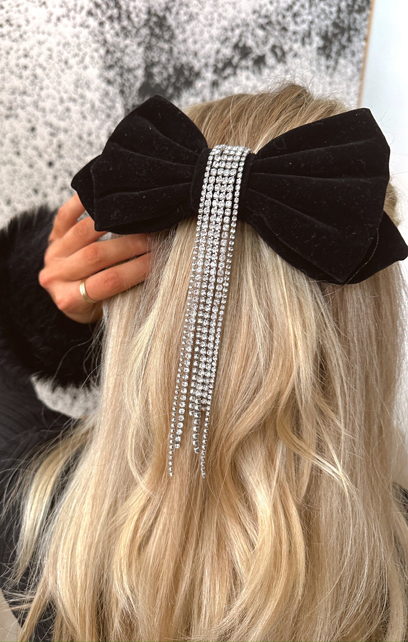 Black Velvet Rhinestone Hair Bow with Tassel