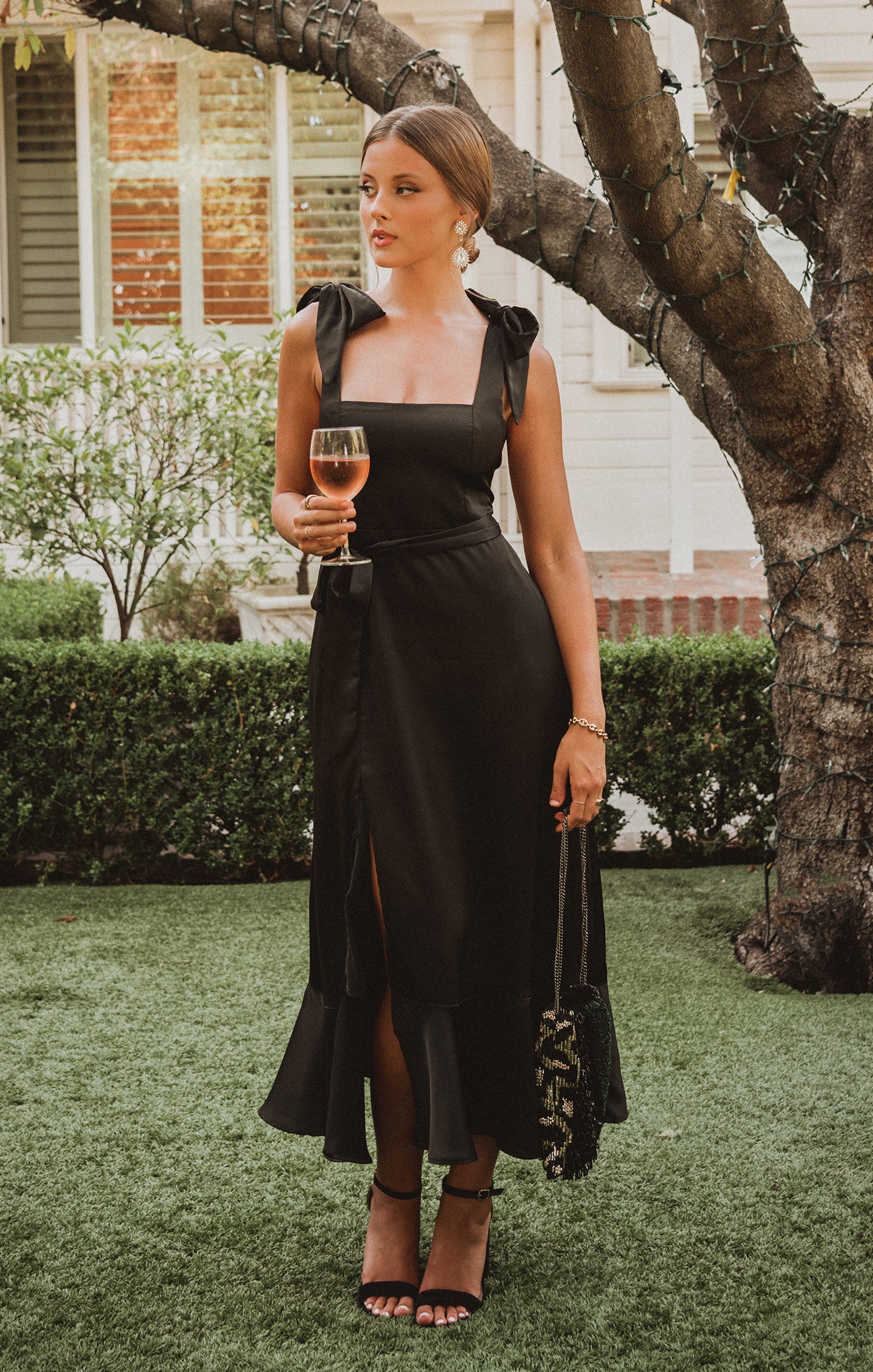 Black Satin Midi Dress with Detachable Sash & Bows - Claire