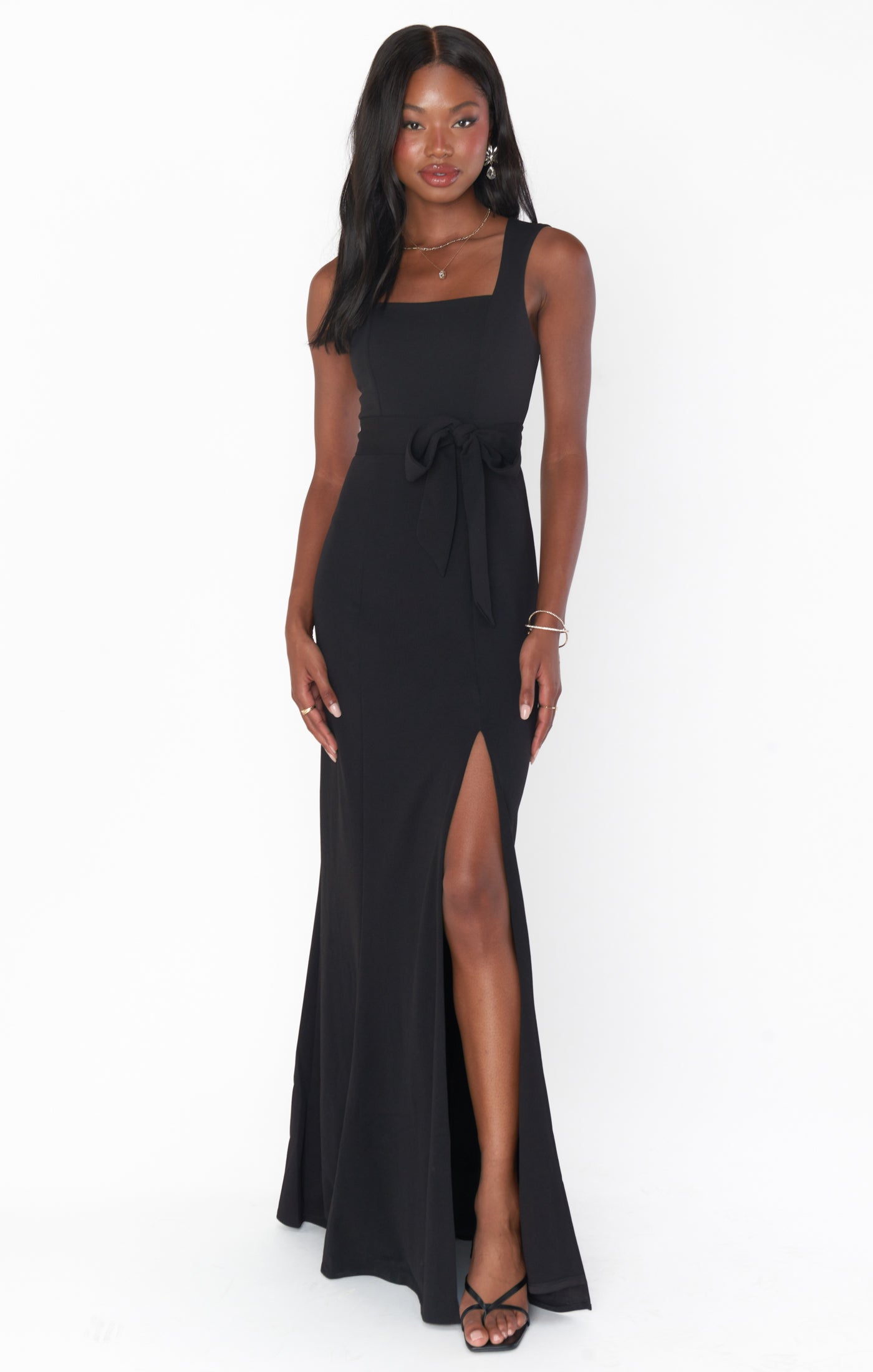 Black Stretch Formal Maxi Dress with Side Slit & Detachable Sash - Paris Gown