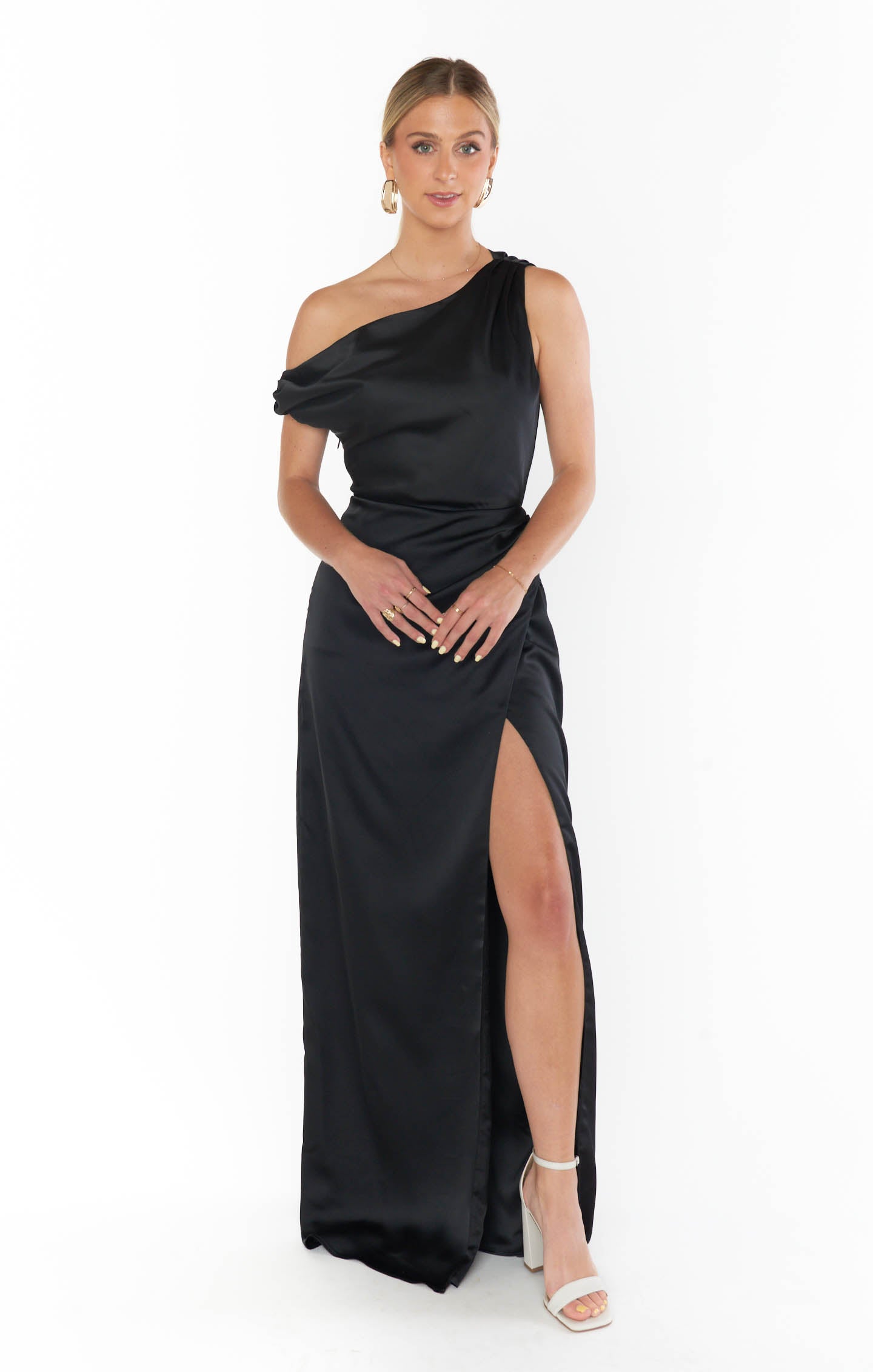 Black Satin Jodie Dress - Elegant Asymmetrical Event Attire