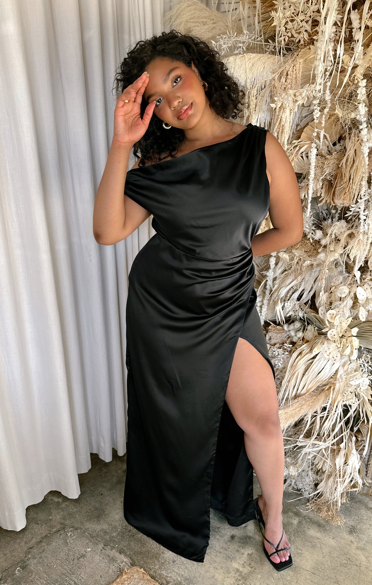 Black Satin Jodie Dress - Elegant Asymmetrical Event Attire