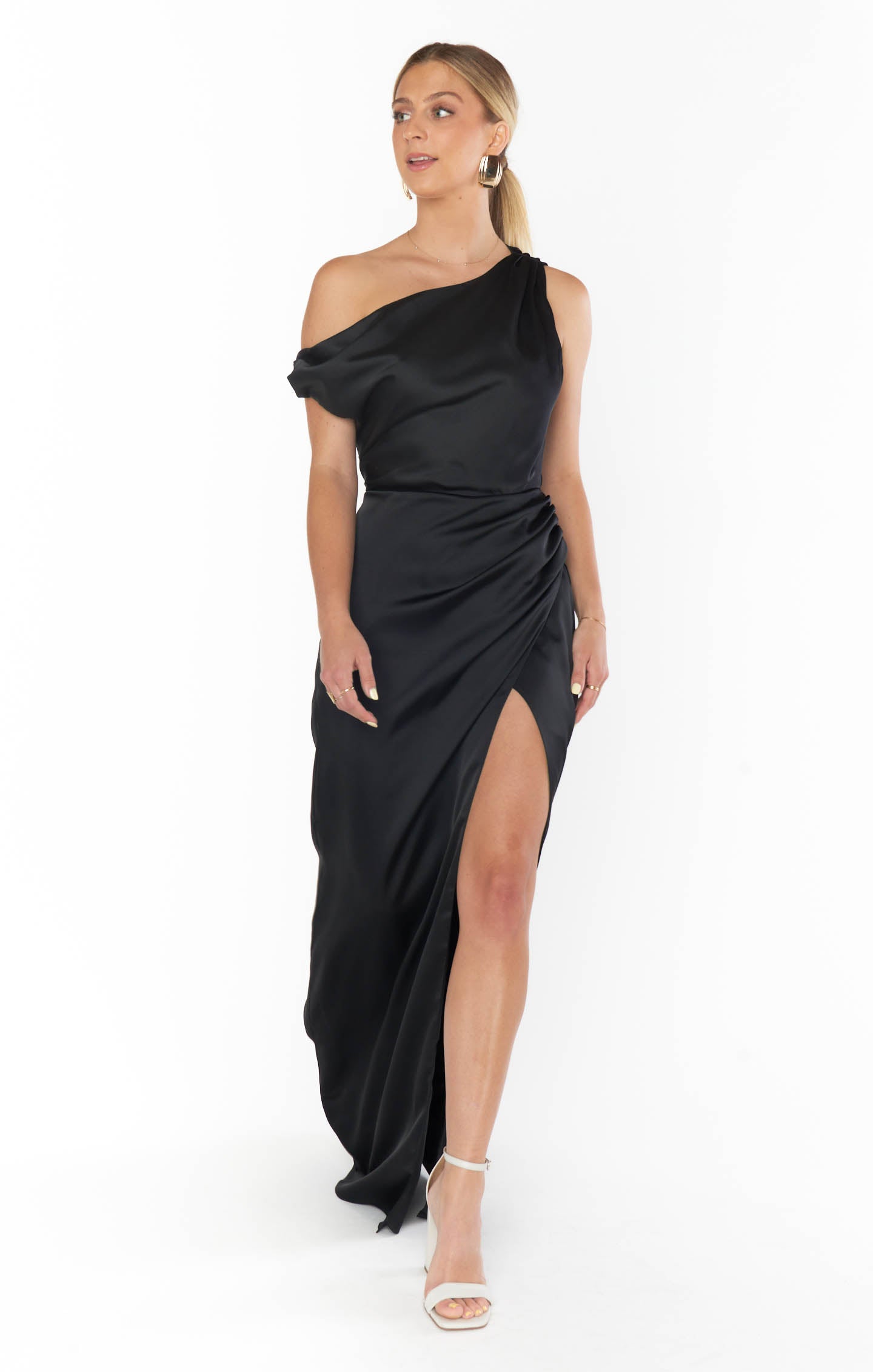Black Satin Jodie Dress - Elegant Asymmetrical Event Attire