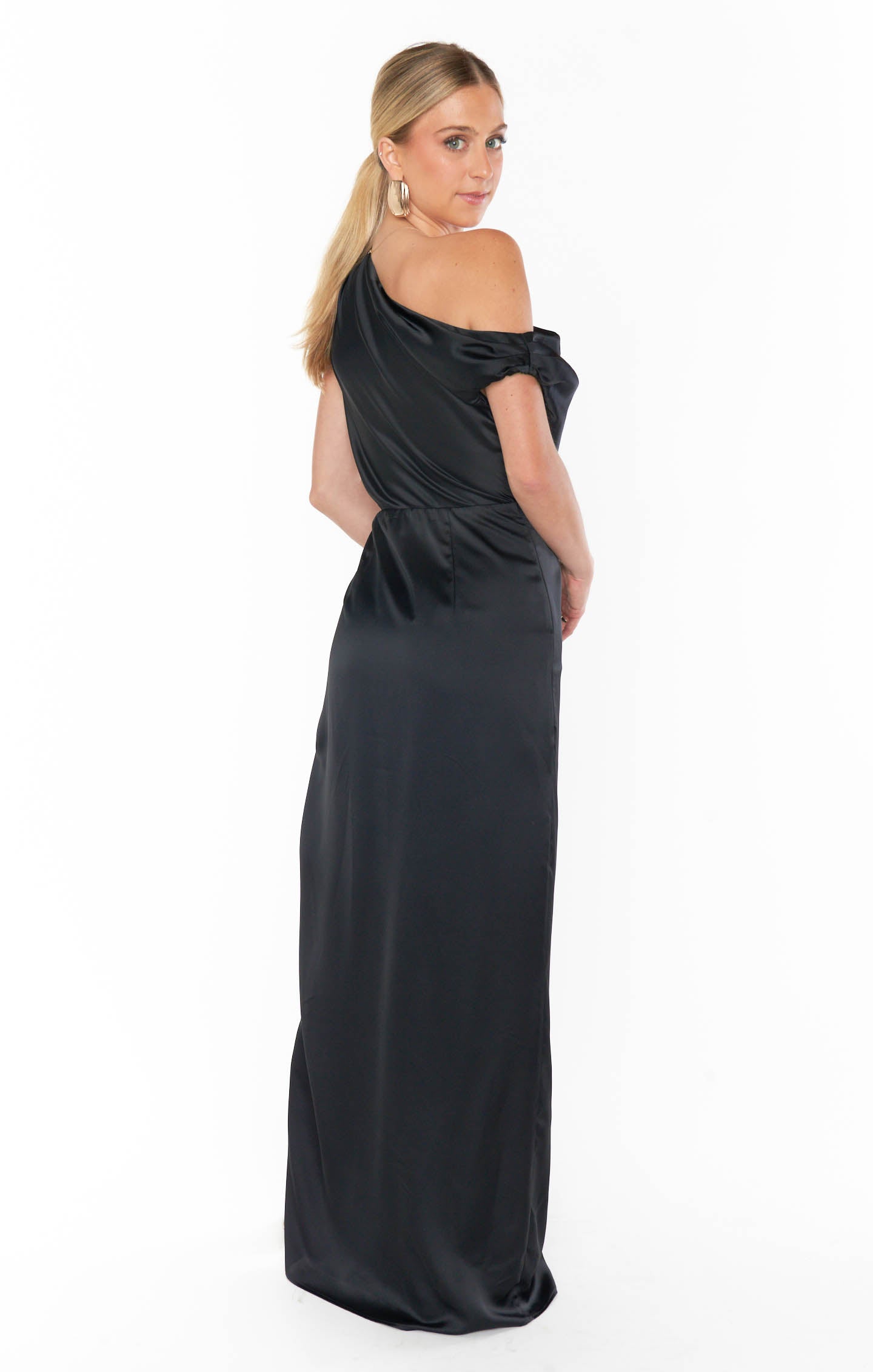 Black Satin Jodie Dress - Elegant Asymmetrical Event Attire