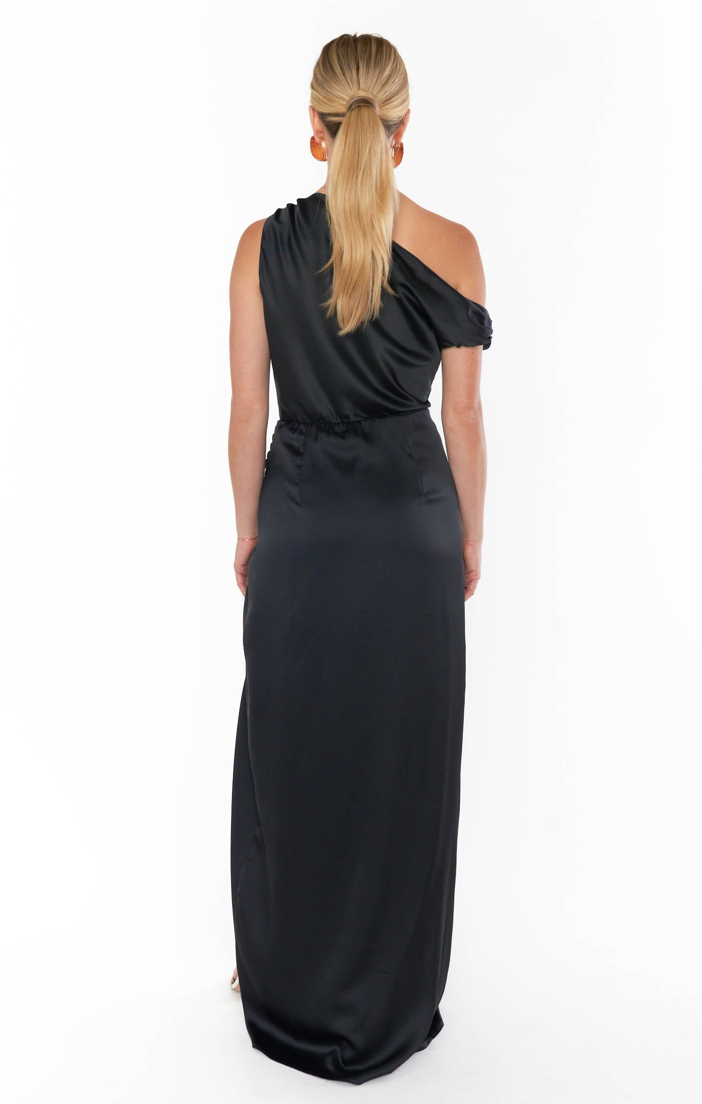 Black Satin Jodie Dress - Elegant Asymmetrical Event Attire
