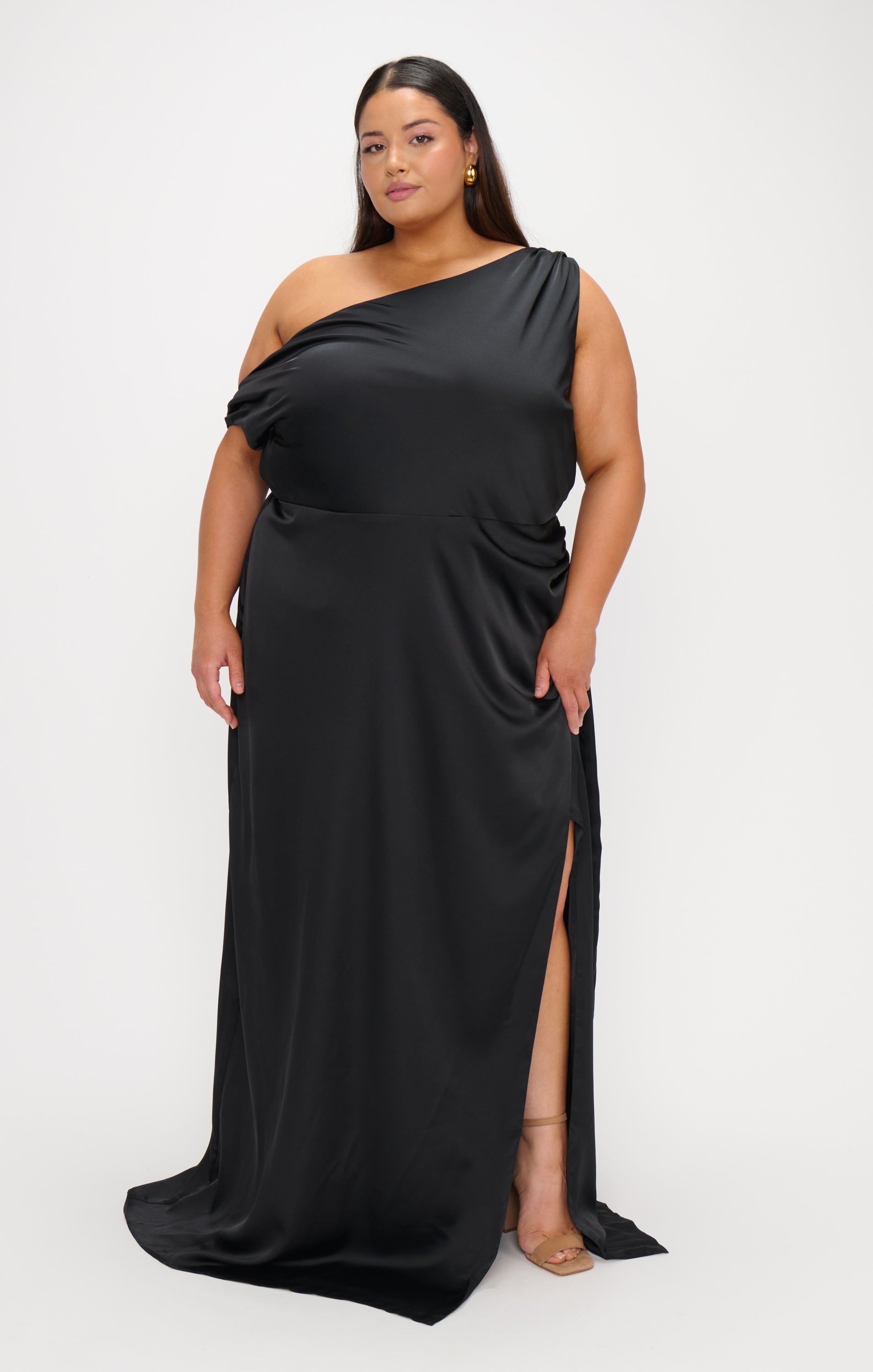 Black Satin Jodie Dress - Elegant Asymmetrical Event Attire
