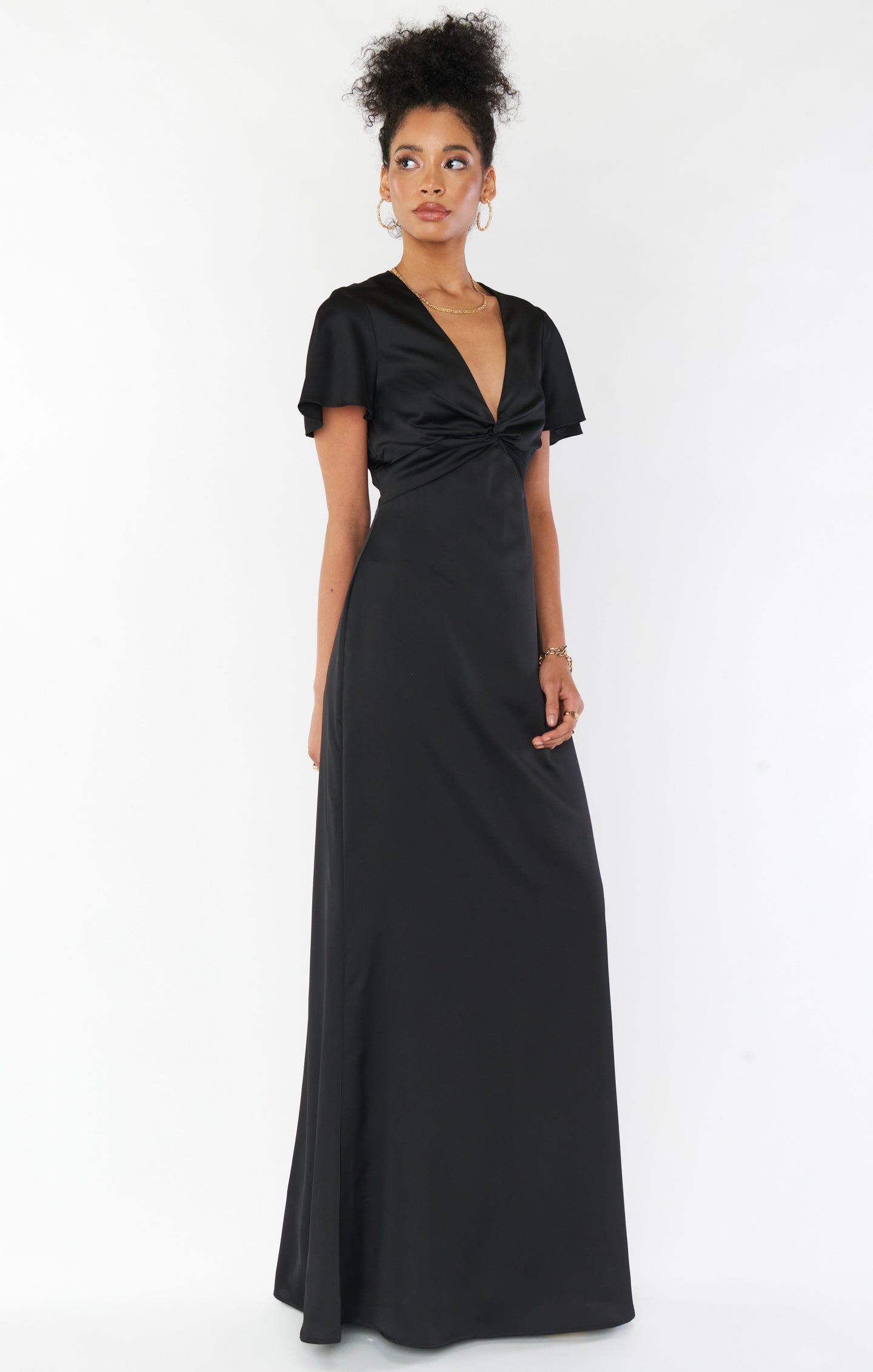 Black Satin Rome Twist Gown - Empire Waist with Flutter Sleeves