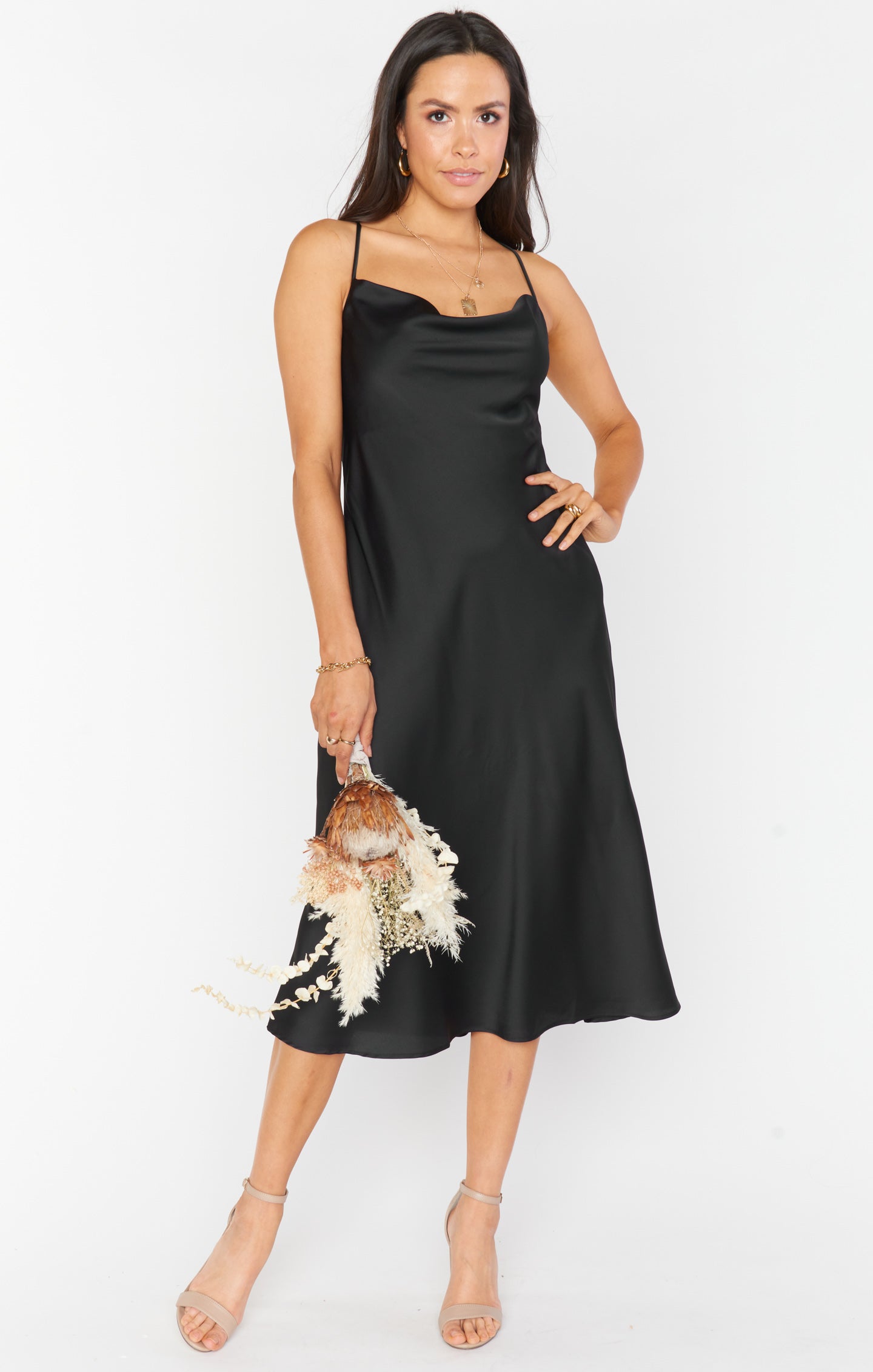 Verona Black Satin Cowl Neck Dress - Adjustable Straps