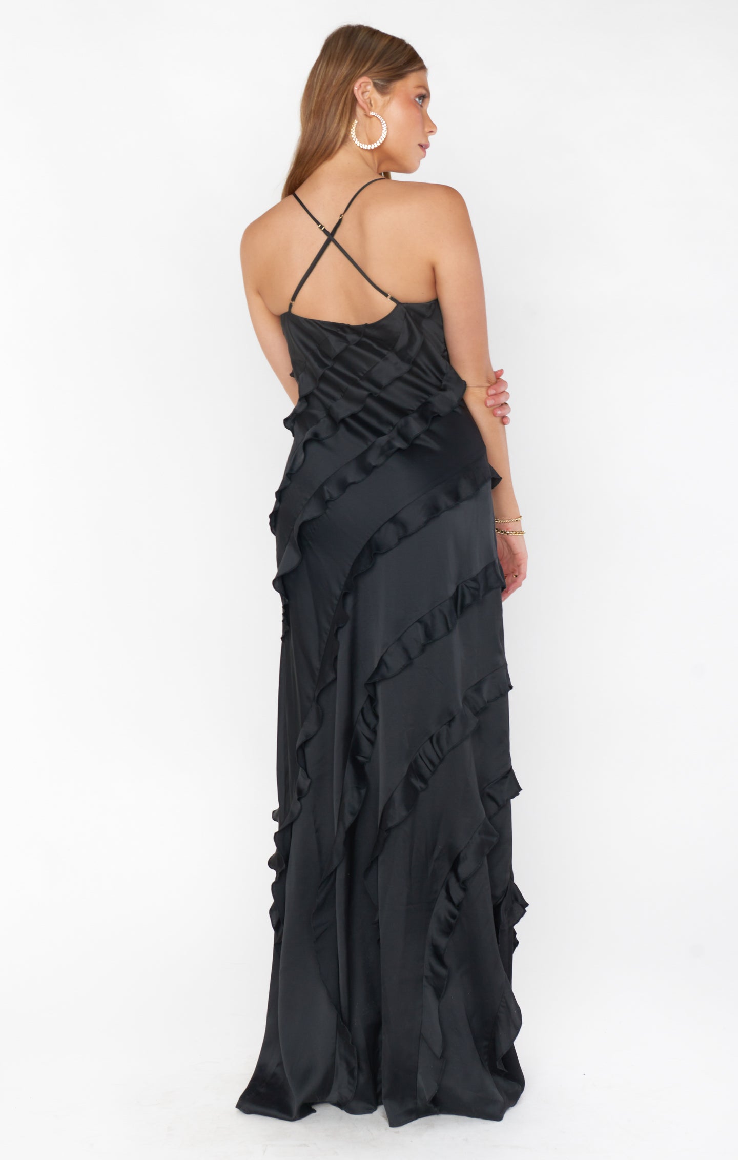 Black Satin Ruffle Maxi Dress for Weddings & Formal Events