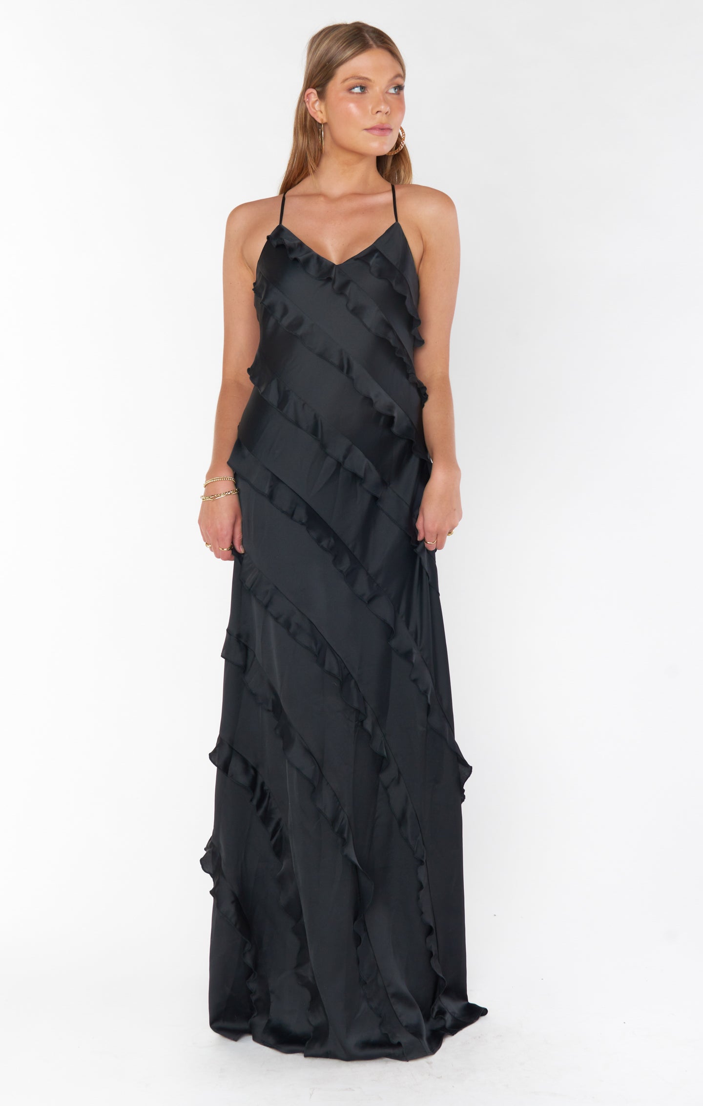 Black Satin Ruffle Maxi Dress for Weddings & Formal Events