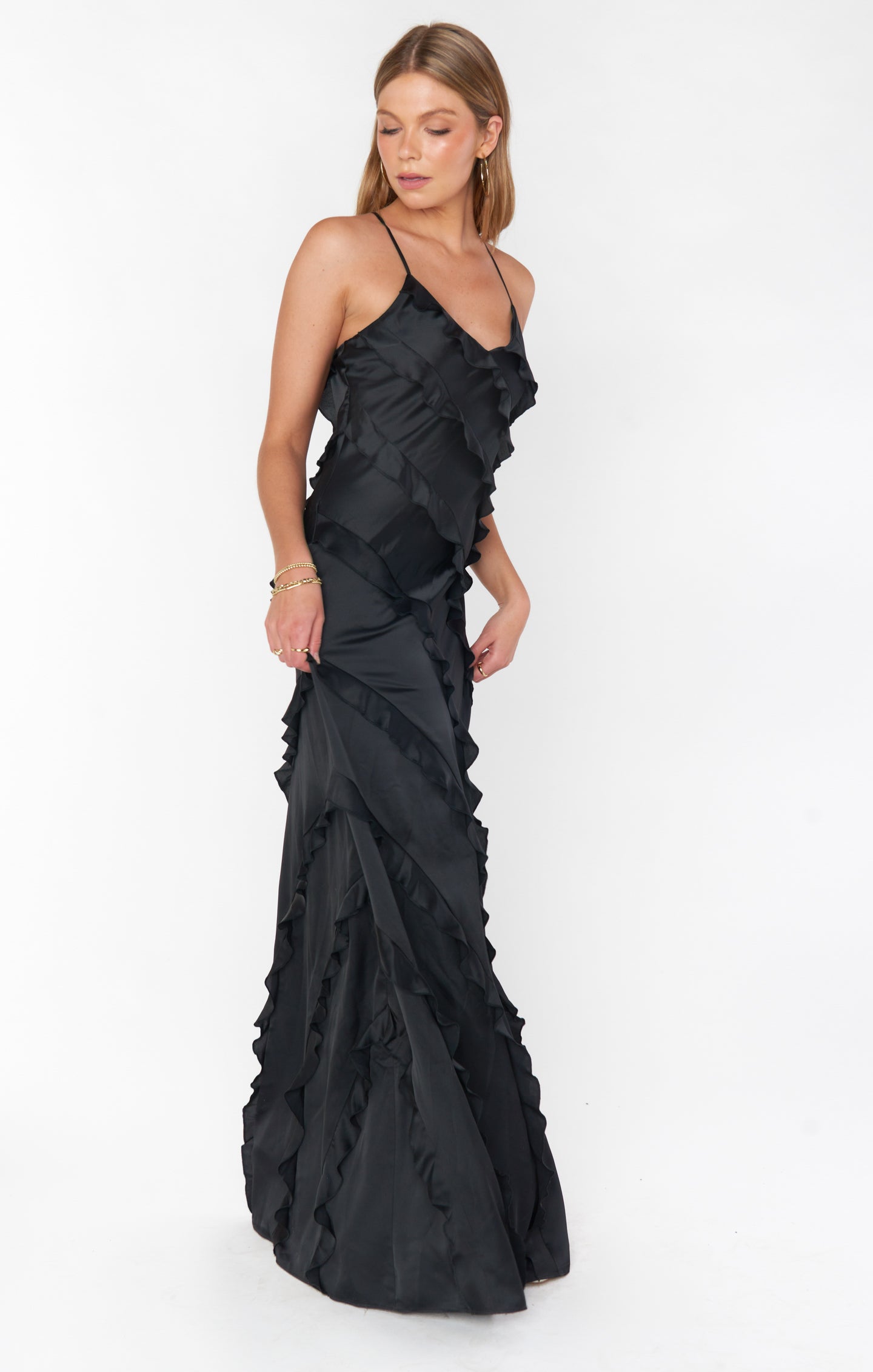 Black Satin Ruffle Maxi Dress for Weddings & Formal Events