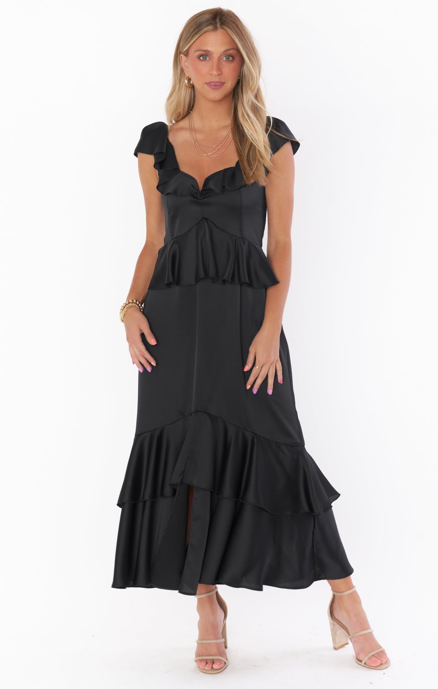 Black Satin Ruffle Midi Dress with Flutter Sleeves - Reese