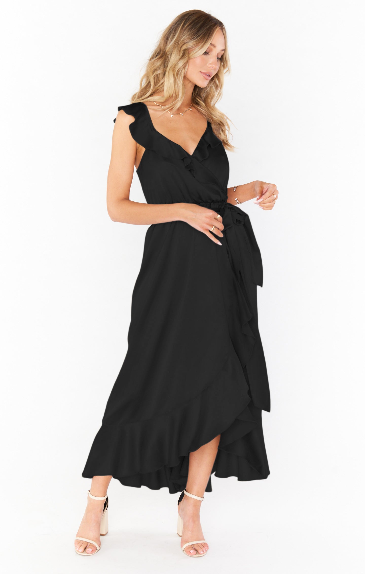Samantha Black Satin Ruffle Wrap Dress with V-Neck & Slit