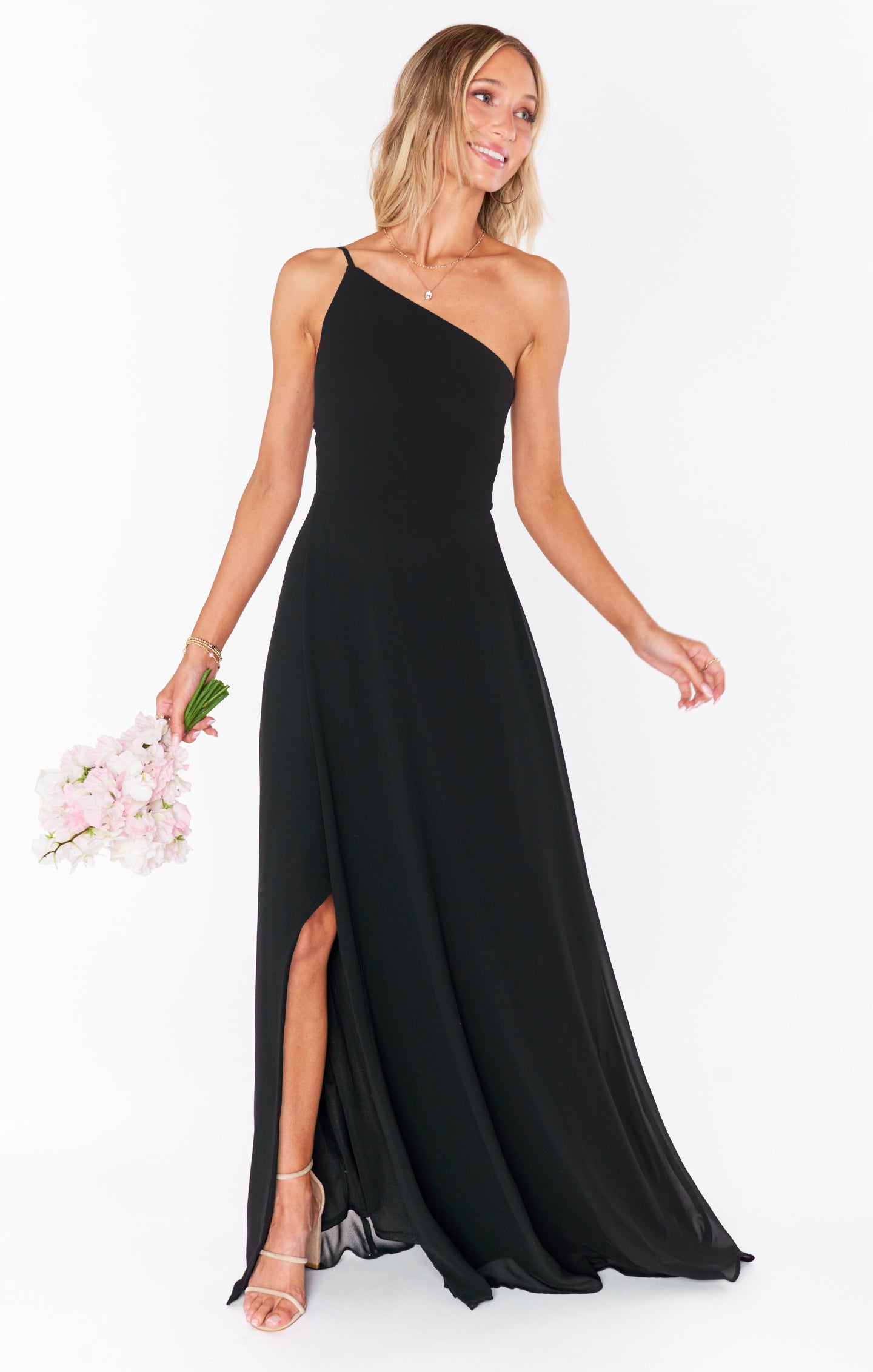 Black Chiffon One Shoulder Maxi Dress with Slit