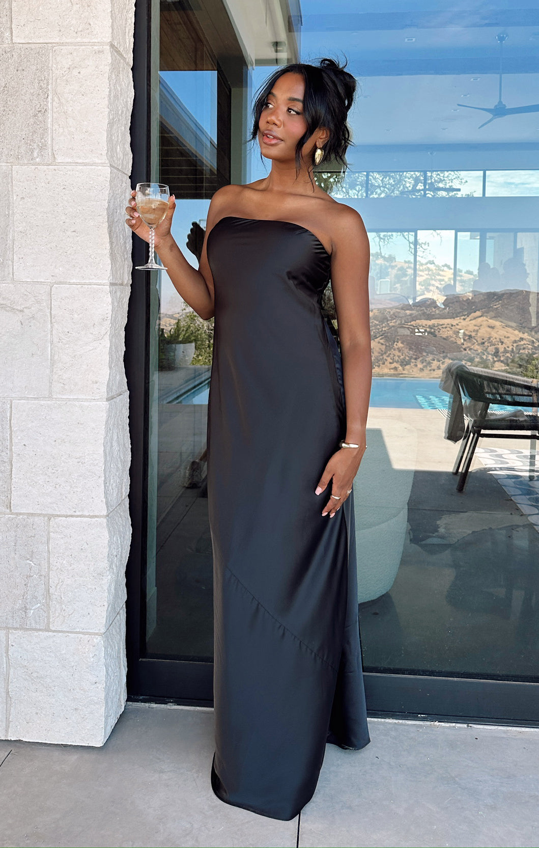 Taylor Luxe Satin Strapless Maxi Dress - Black
