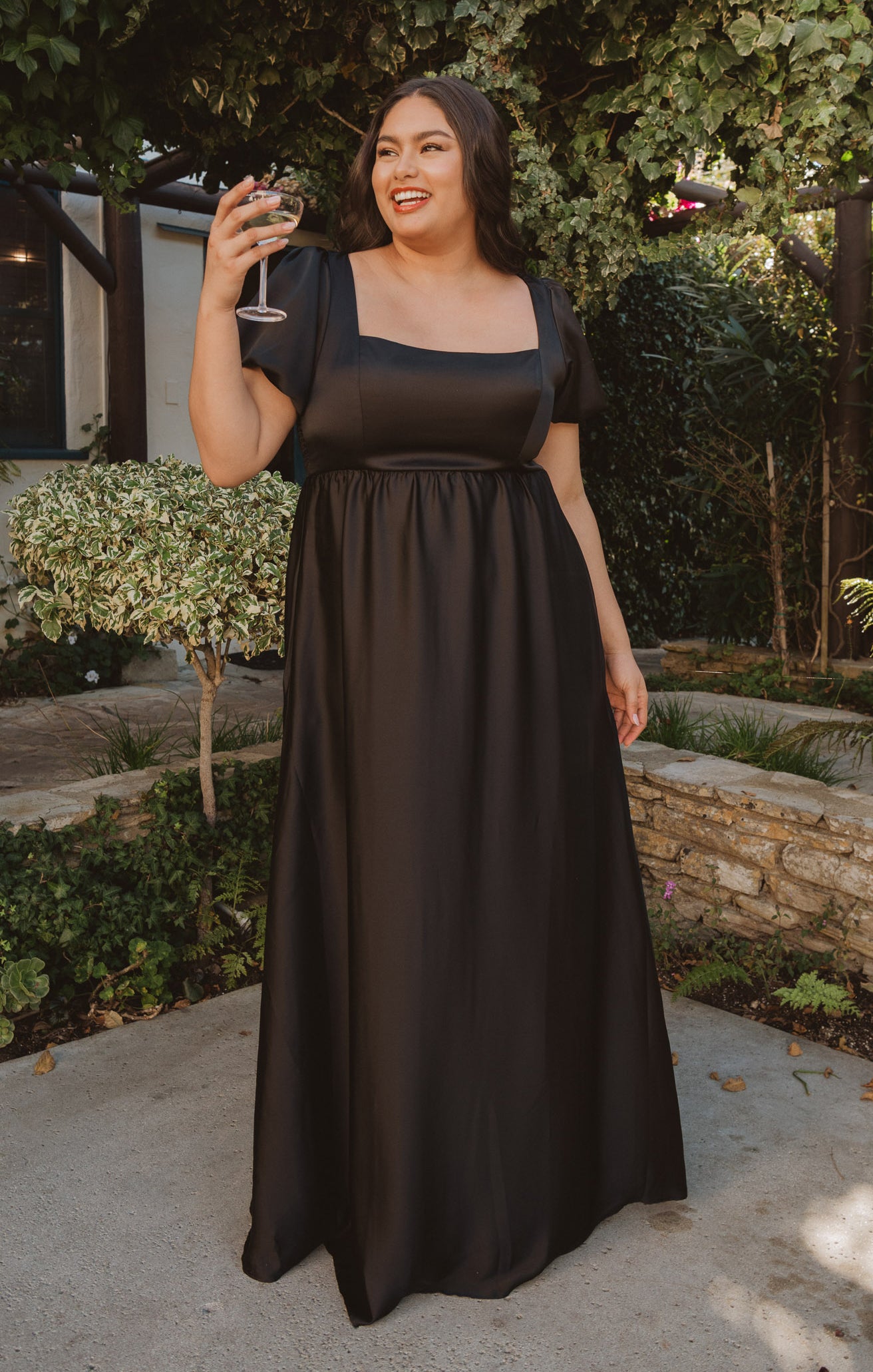 Nora Black Satin Maxi Dress with Square Neck & Smocked Back