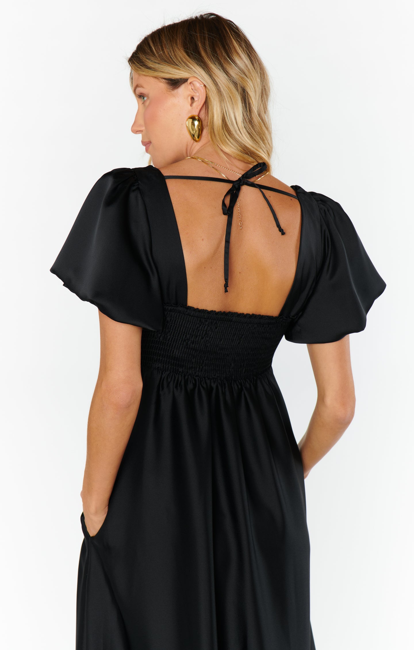 Nora Black Satin Maxi Dress with Square Neck & Smocked Back