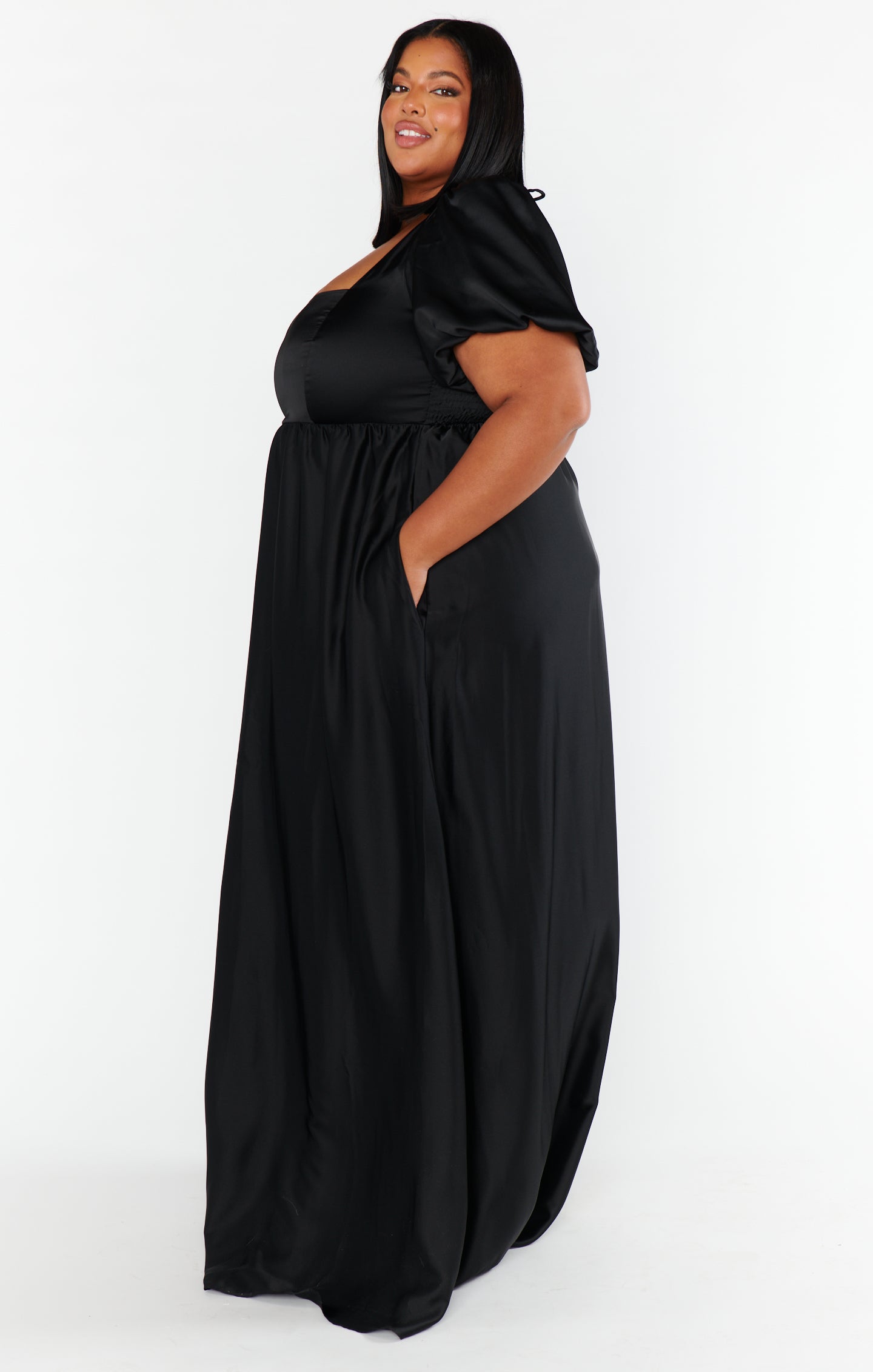 Nora Black Satin Maxi Dress with Square Neck & Smocked Back