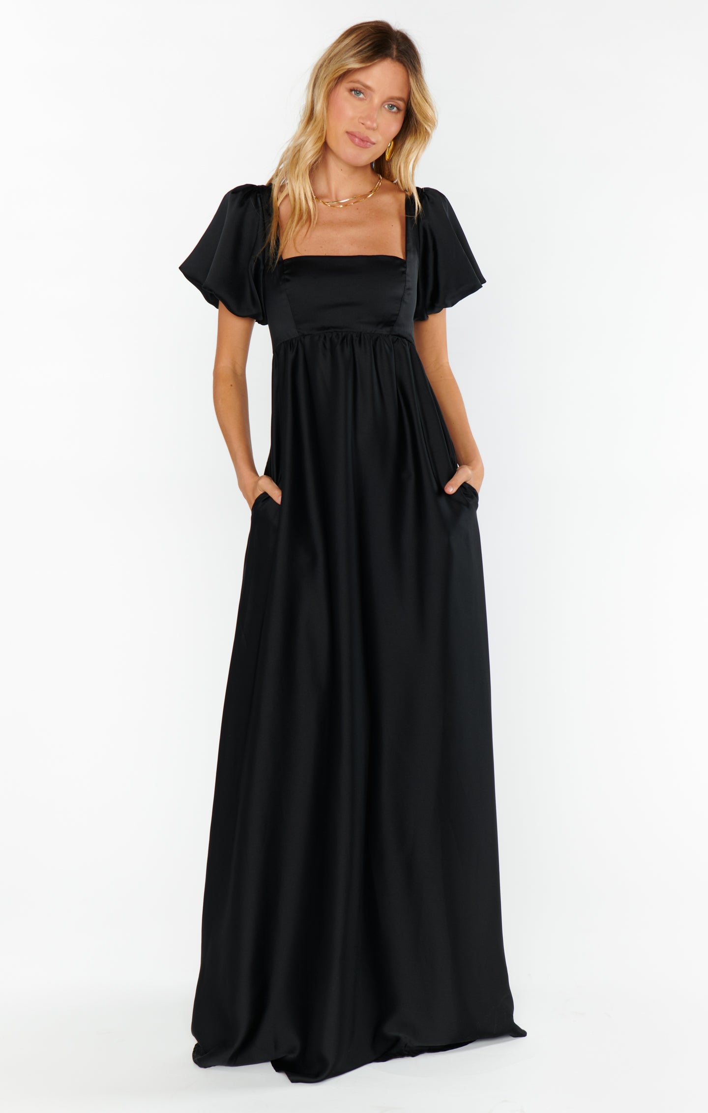 Nora Black Satin Maxi Dress with Square Neck & Smocked Back