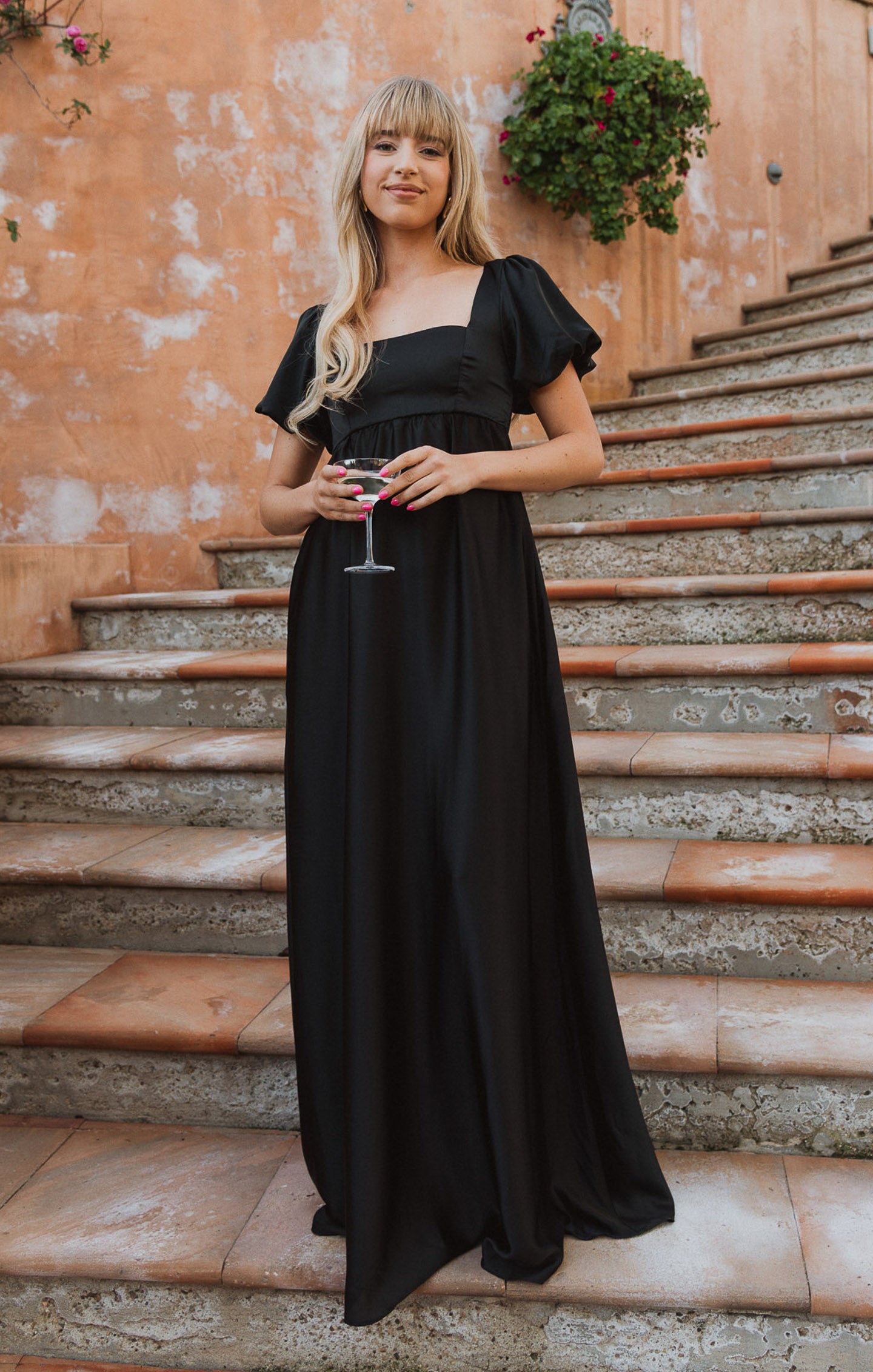Nora Black Satin Maxi Dress with Square Neck & Smocked Back