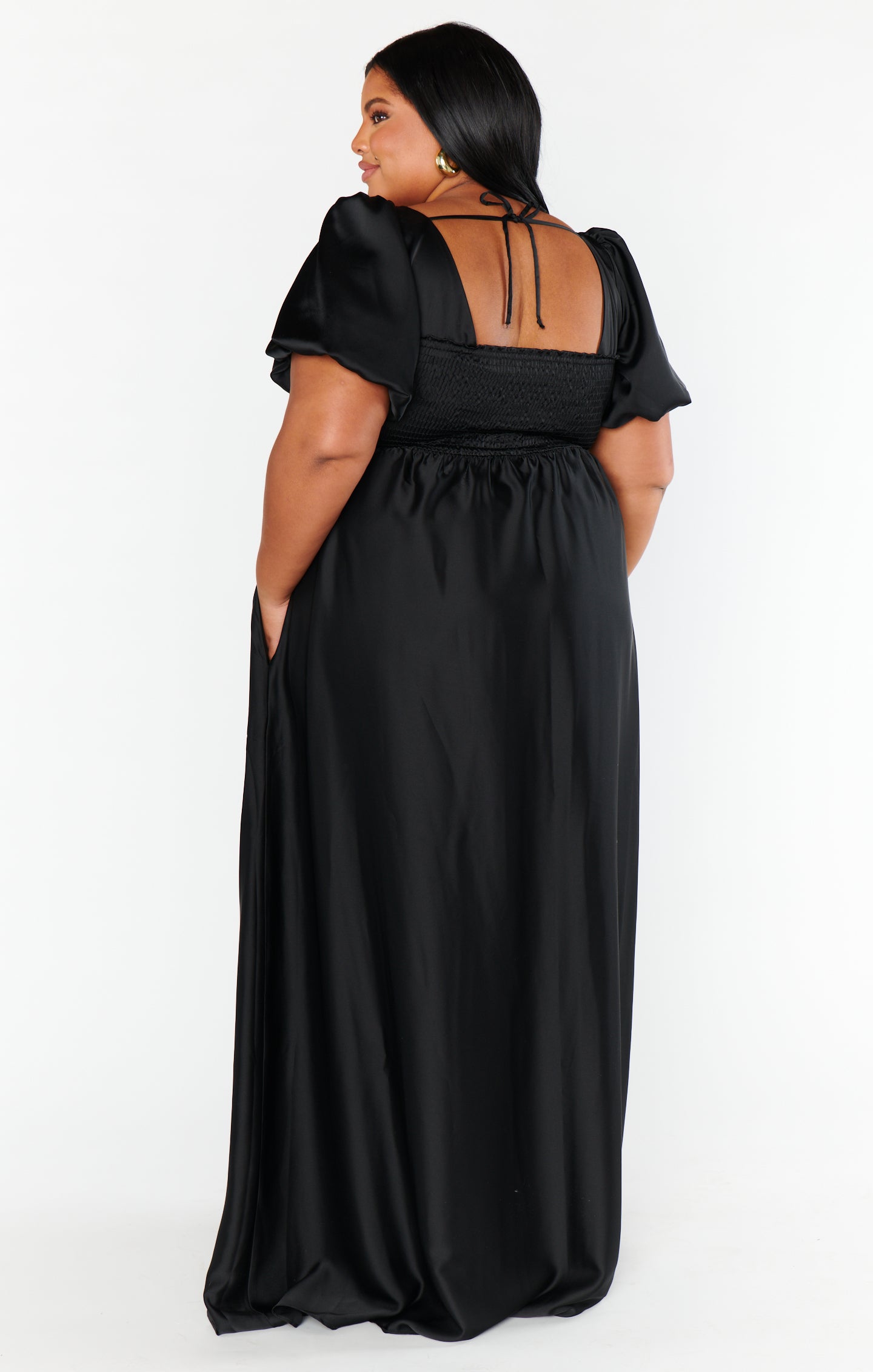 Nora Black Satin Maxi Dress with Square Neck & Smocked Back