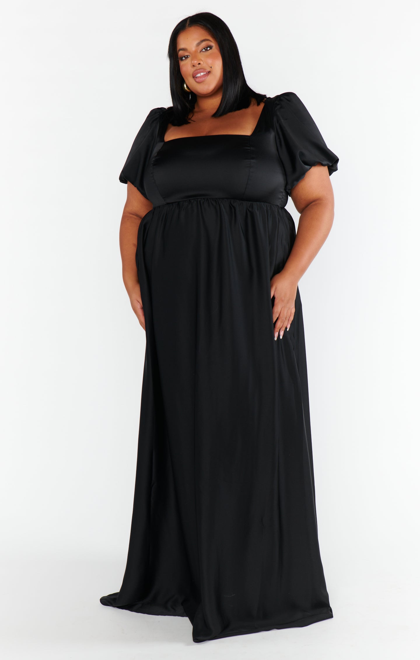 Nora Black Satin Maxi Dress with Square Neck & Smocked Back