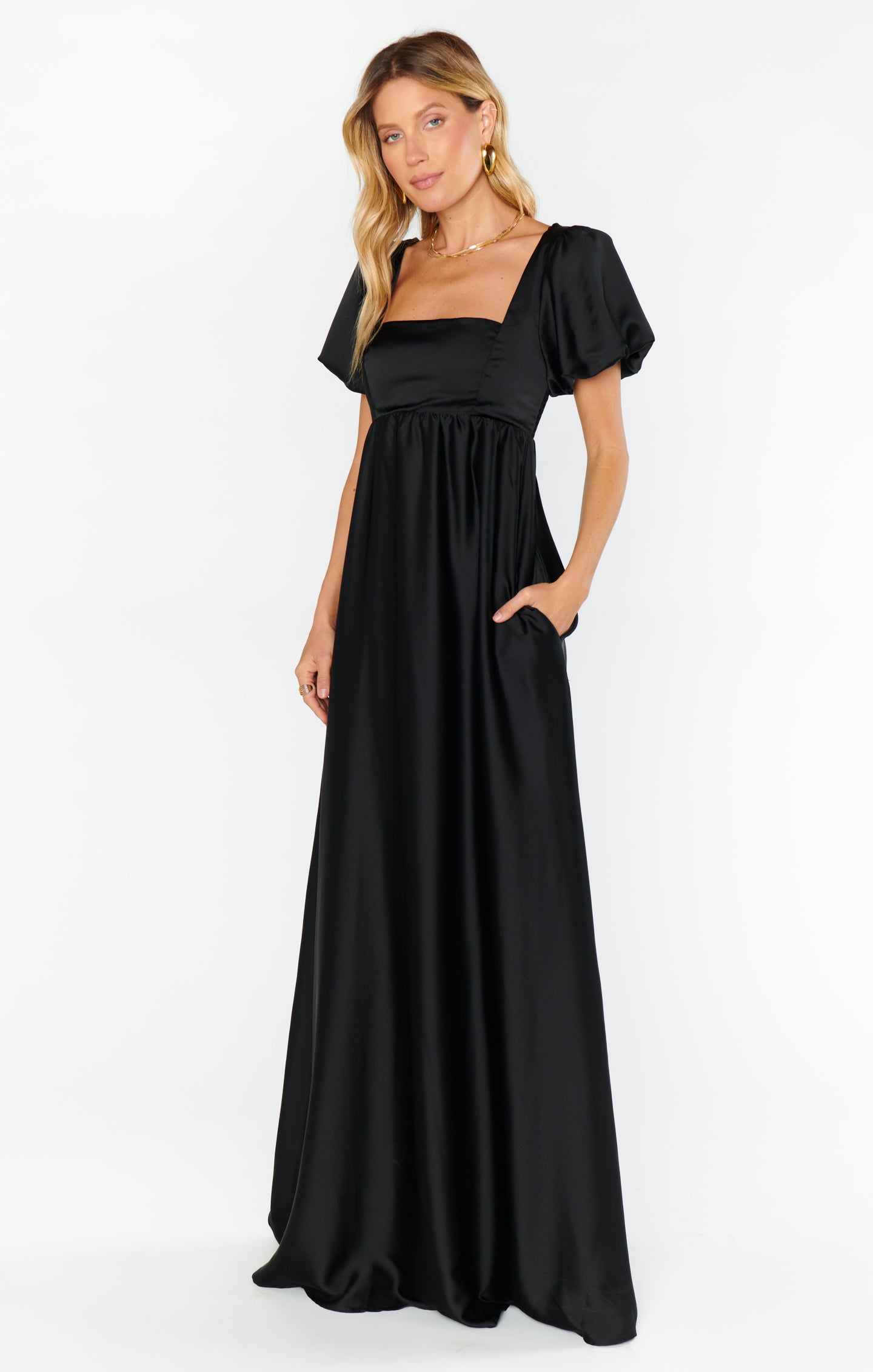Nora Black Satin Maxi Dress with Square Neck & Smocked Back