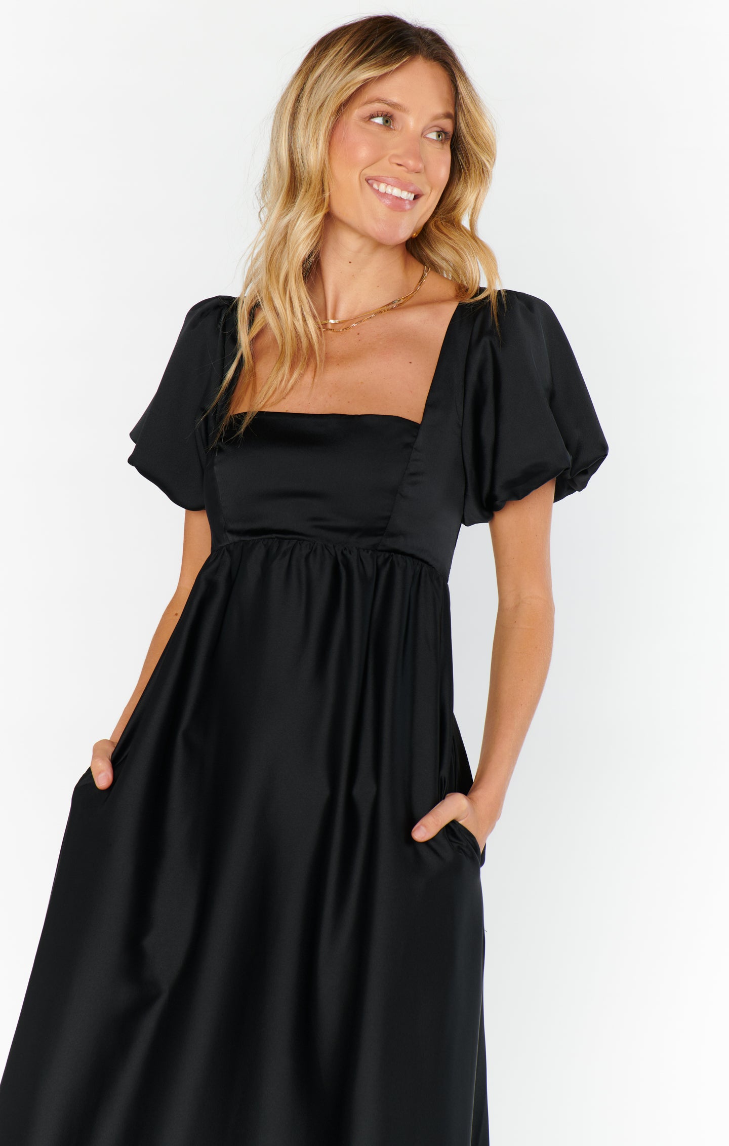 Nora Black Satin Maxi Dress with Square Neck & Smocked Back
