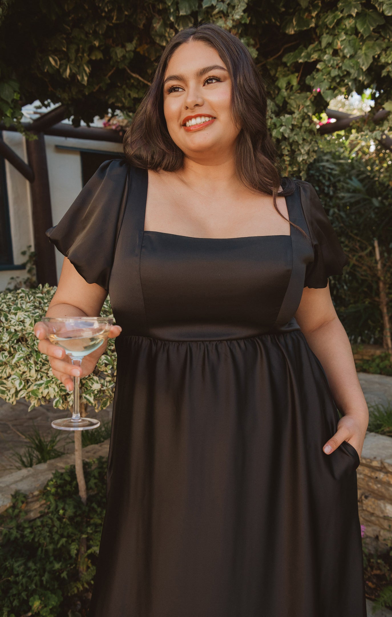 Nora Black Satin Maxi Dress with Square Neck & Smocked Back