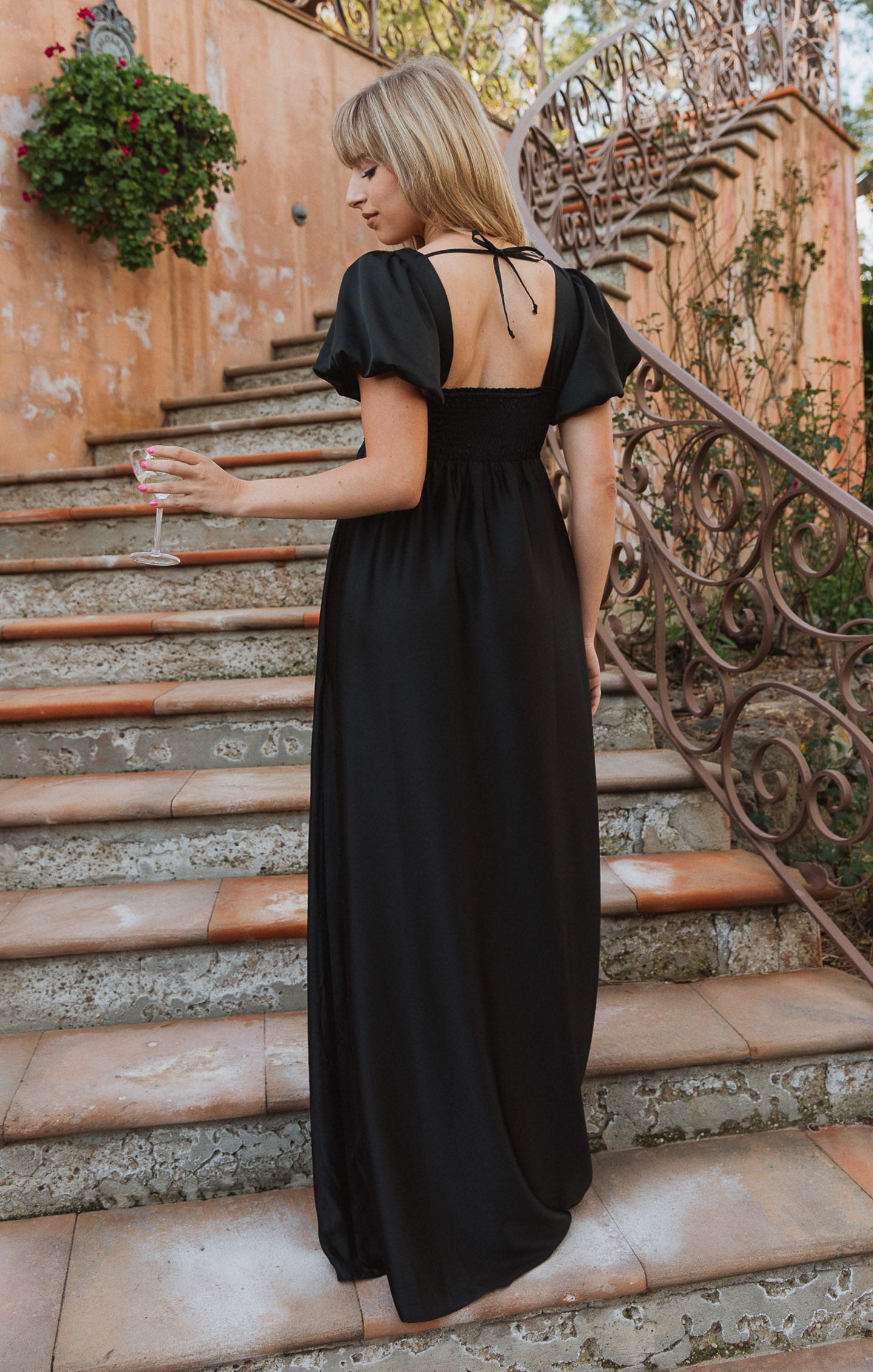 Nora Black Satin Maxi Dress with Square Neck & Smocked Back