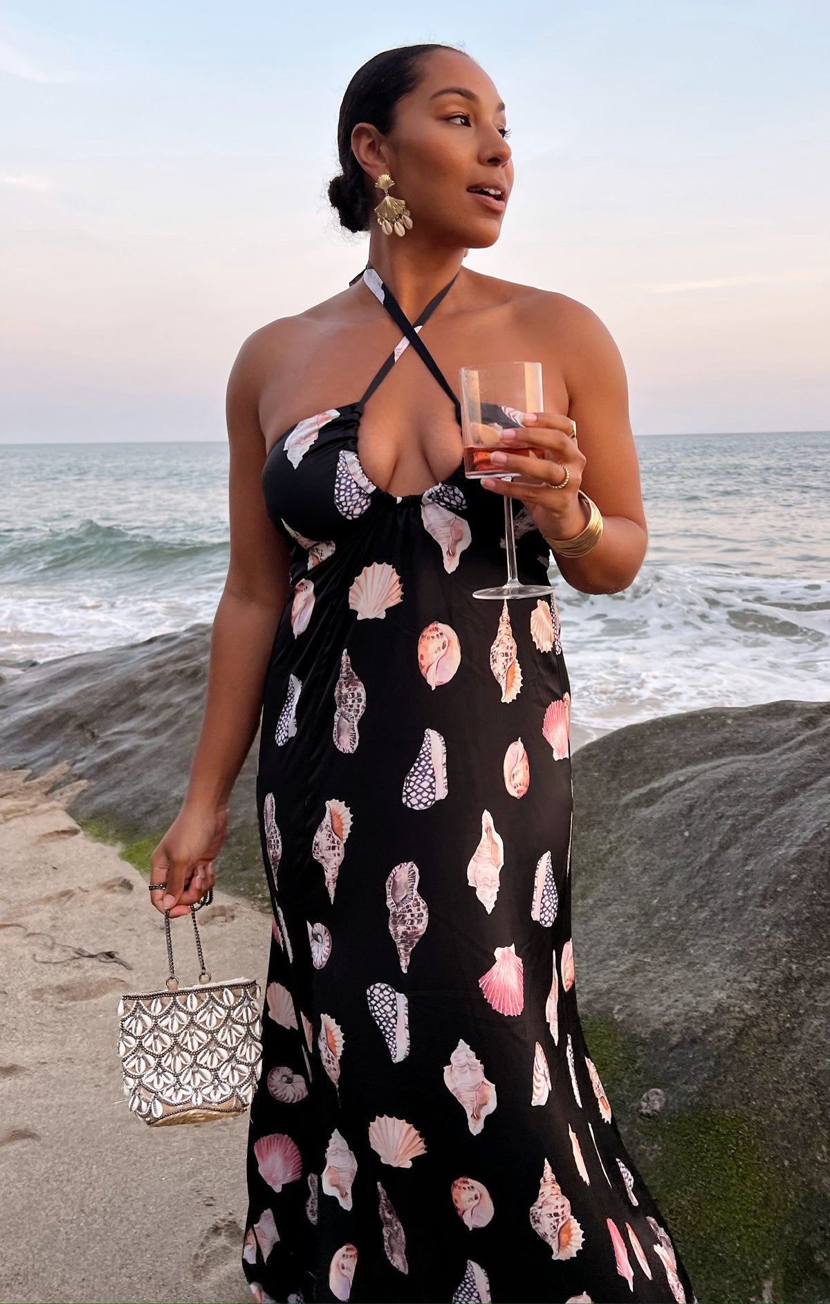 Milos Shell Print Satin Maxi Dress with Halter Neckline