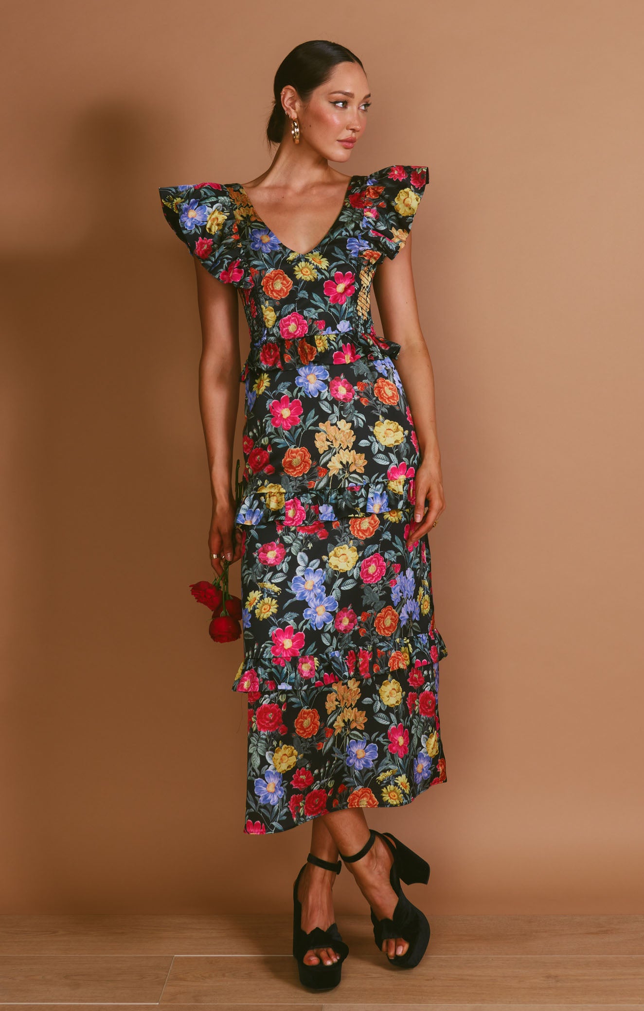 Lindsay Black Satin Midi Dress with Ruffled Sleeves & V-Neck