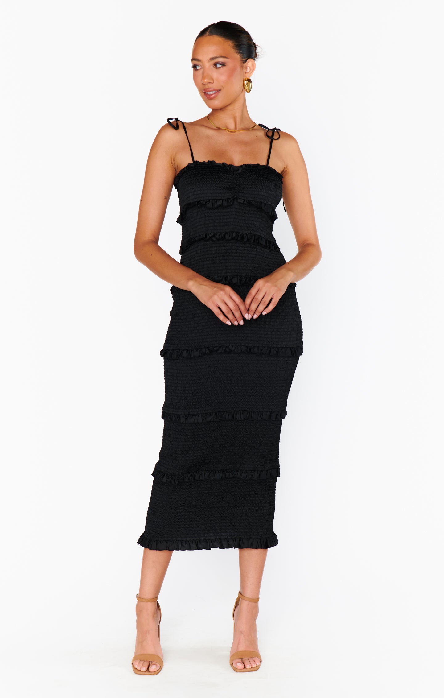 Stella Black Satin Smocked Midi Dress with Adjustable Straps