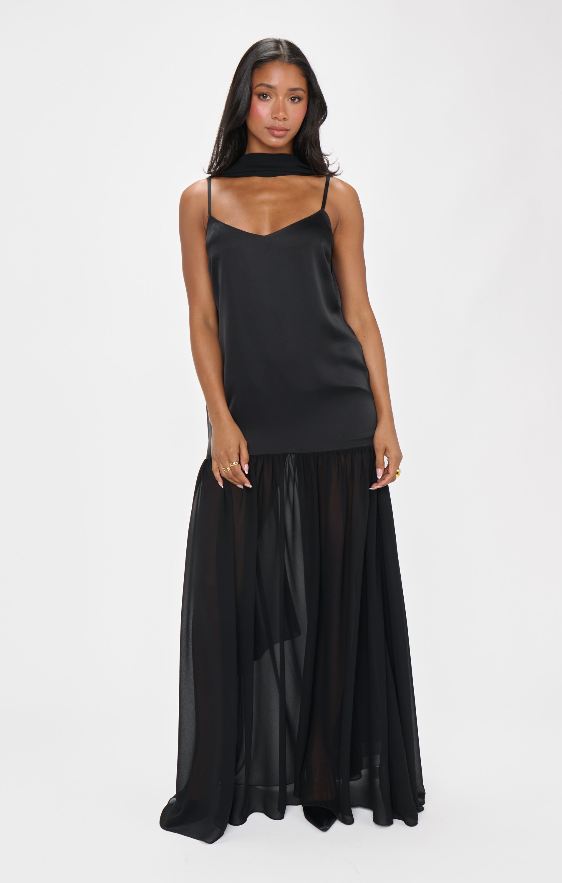Black Satin Maxi Dress with Scarf - Dalia Luxe Formal Gown