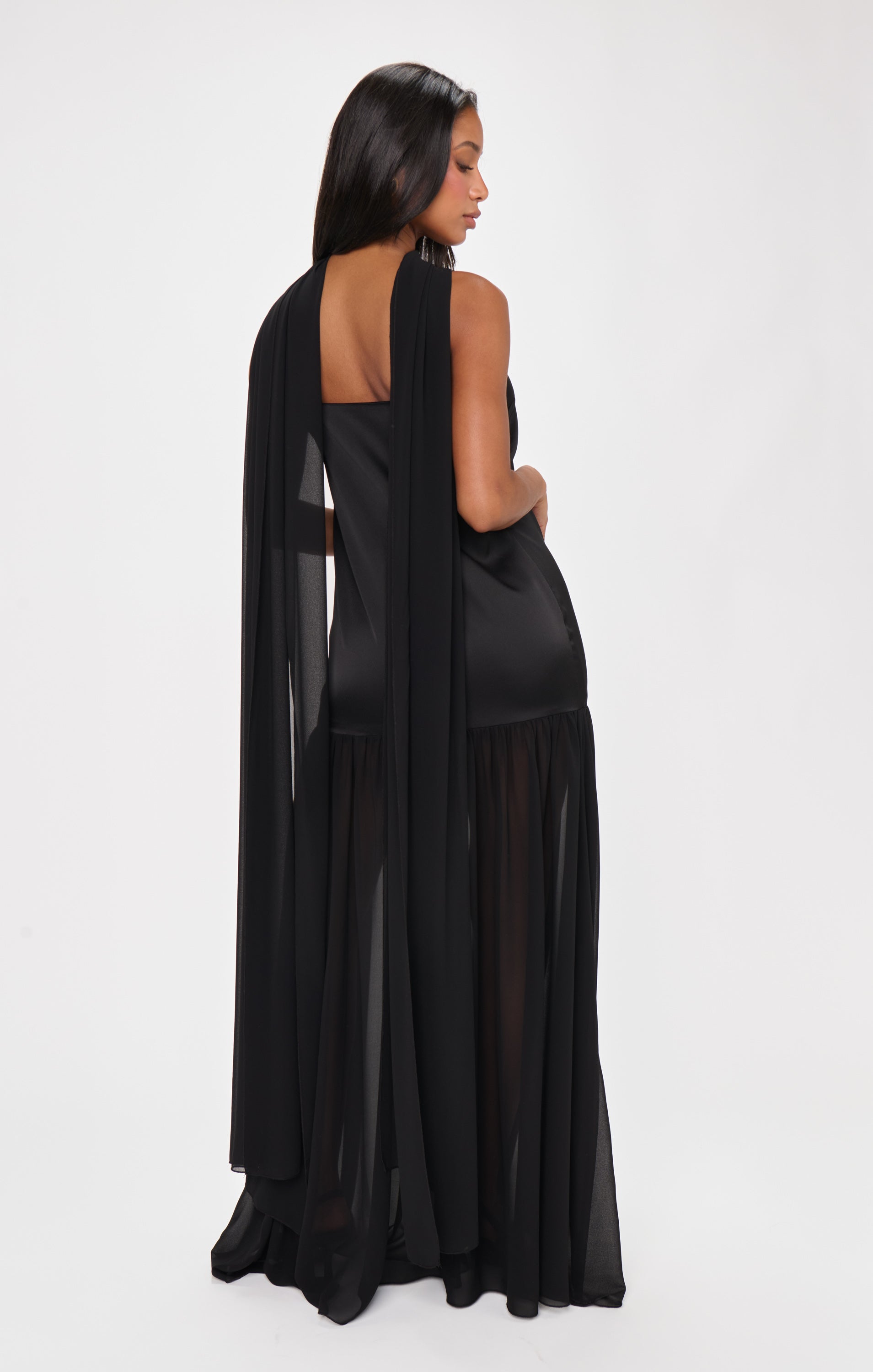 Black Satin Maxi Dress with Scarf - Dalia Luxe Formal Gown