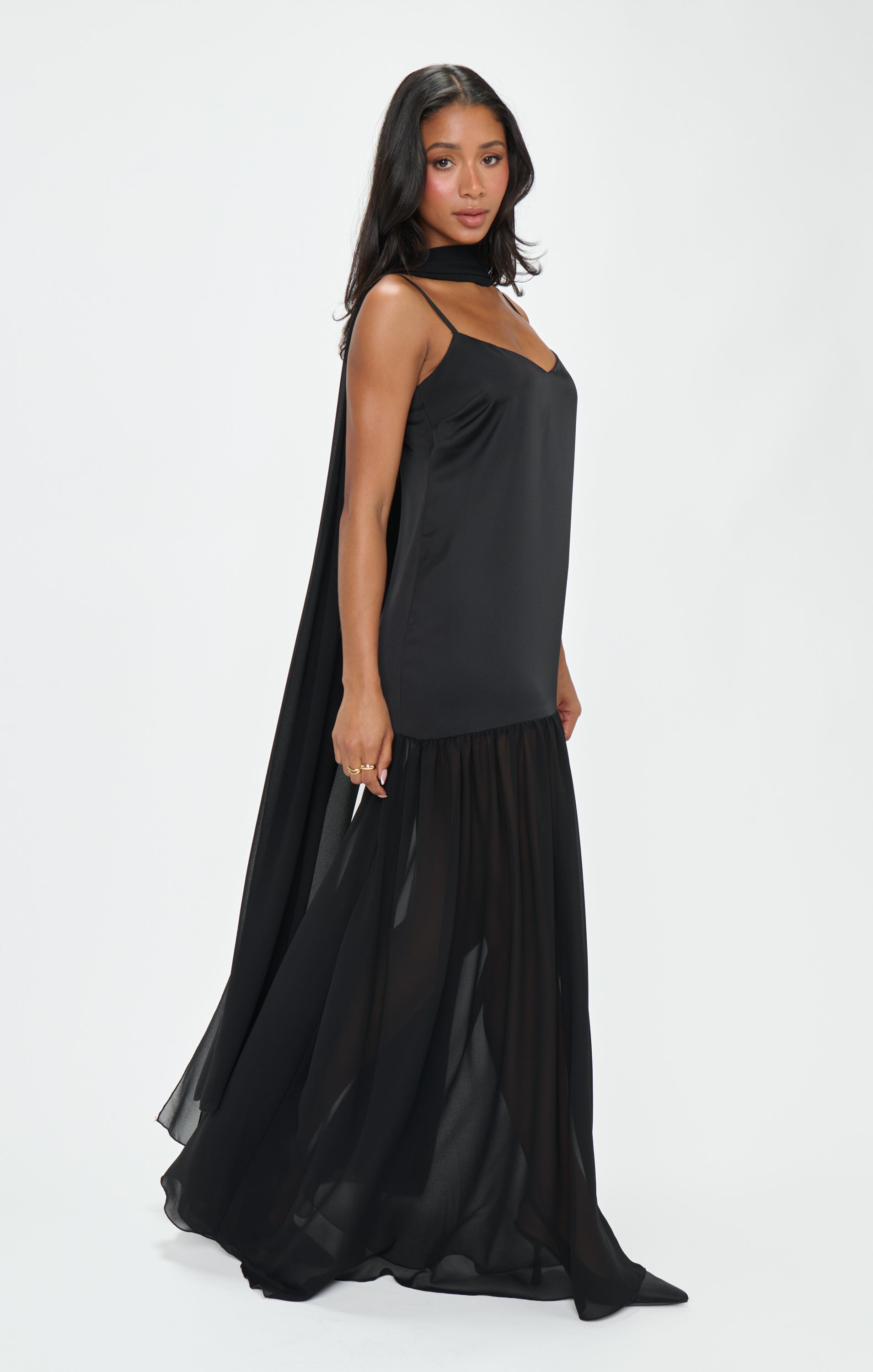 Black Satin Maxi Dress with Scarf - Dalia Luxe Formal Gown