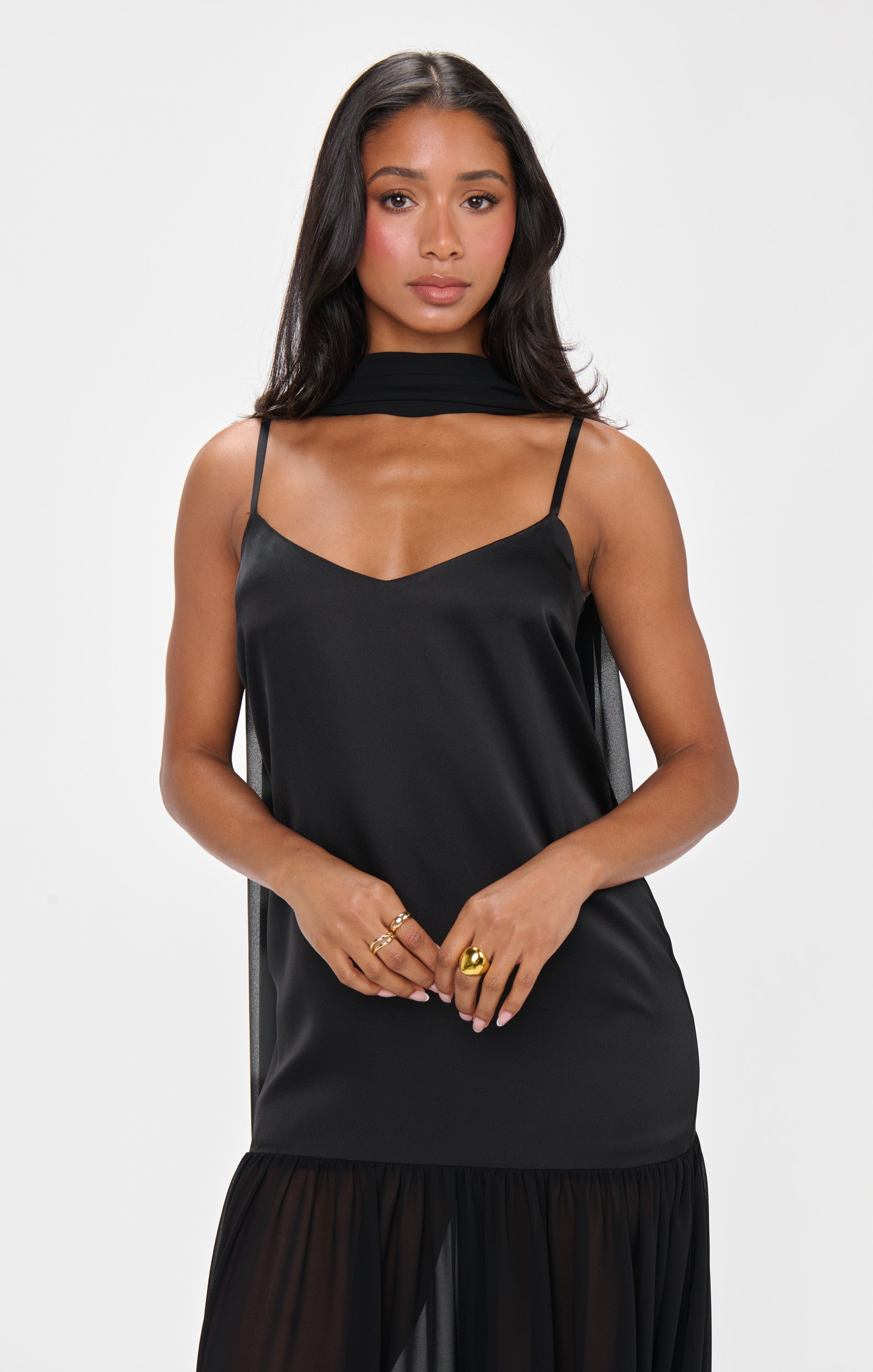 Black Satin Maxi Dress with Scarf - Dalia Luxe Formal Gown