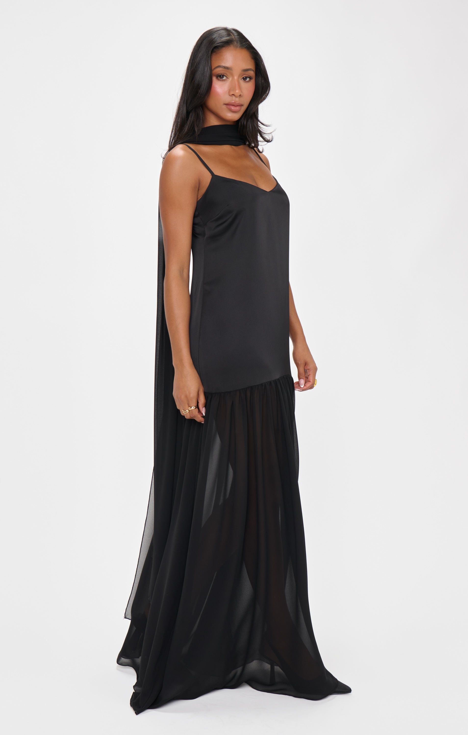 Black Satin Maxi Dress with Scarf - Dalia Luxe Formal Gown
