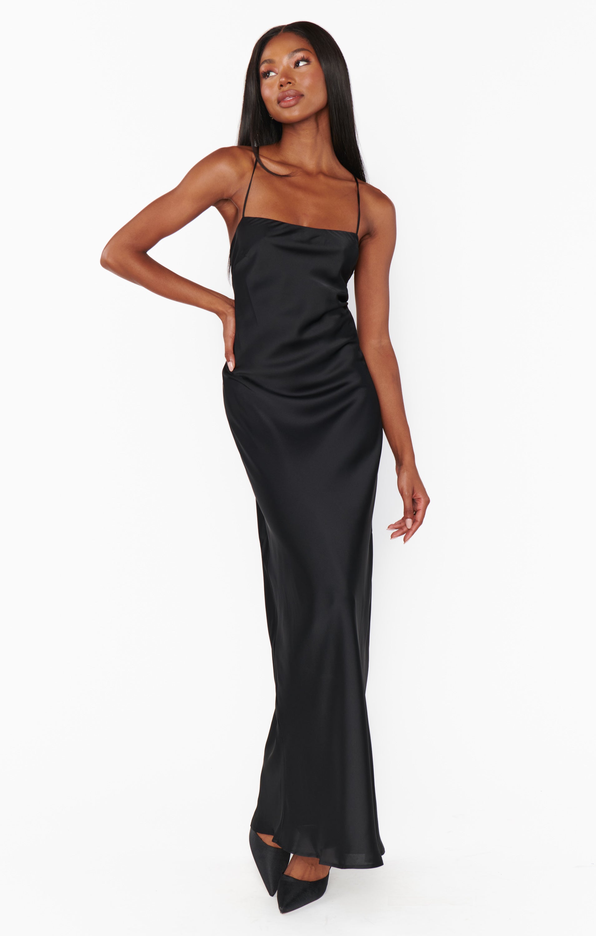 Dani Black Satin Slip Dress with Square Neck & Open Back