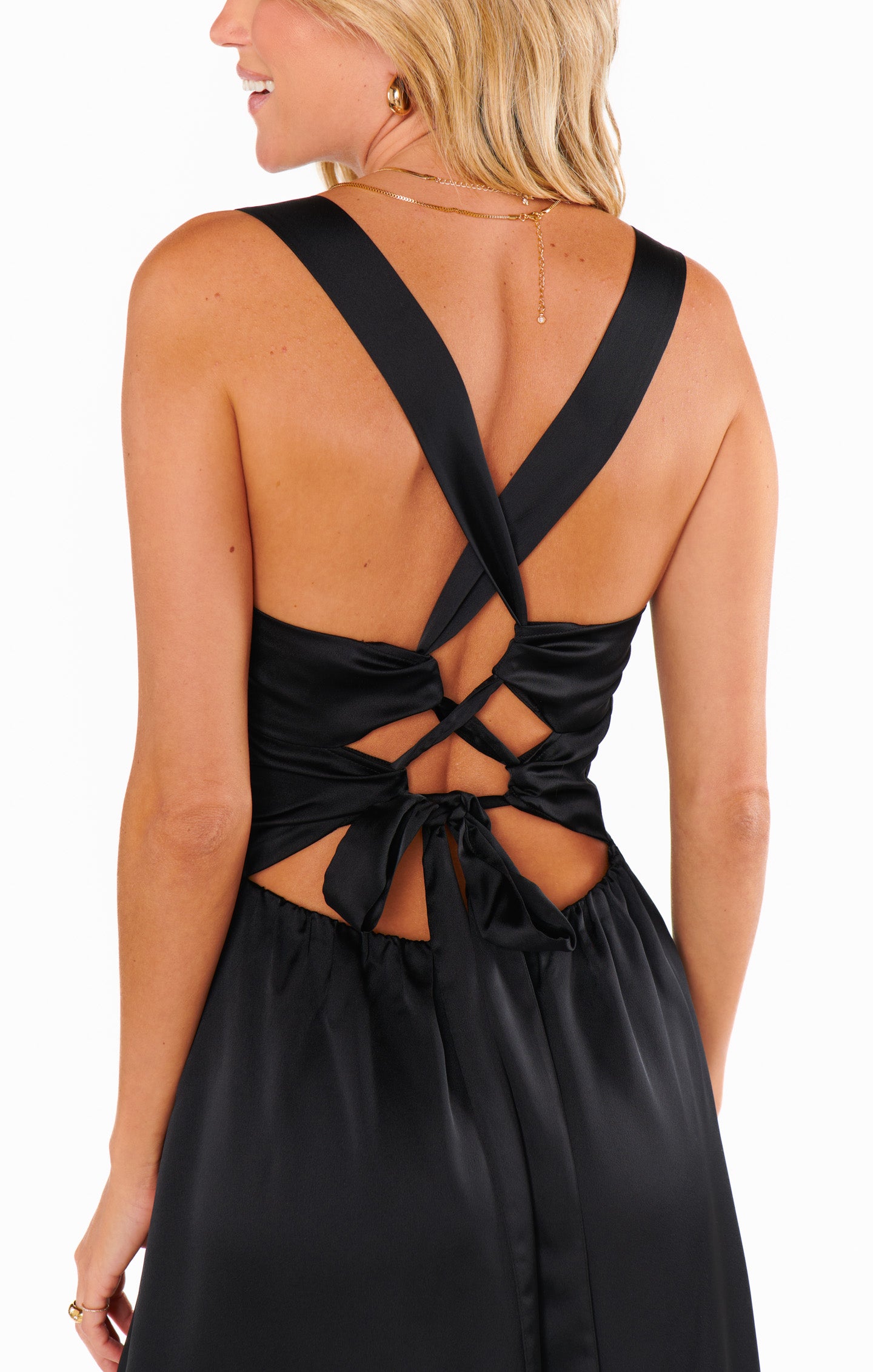 Black Satin Midi Dress with Adjustable Straps & Side Slit