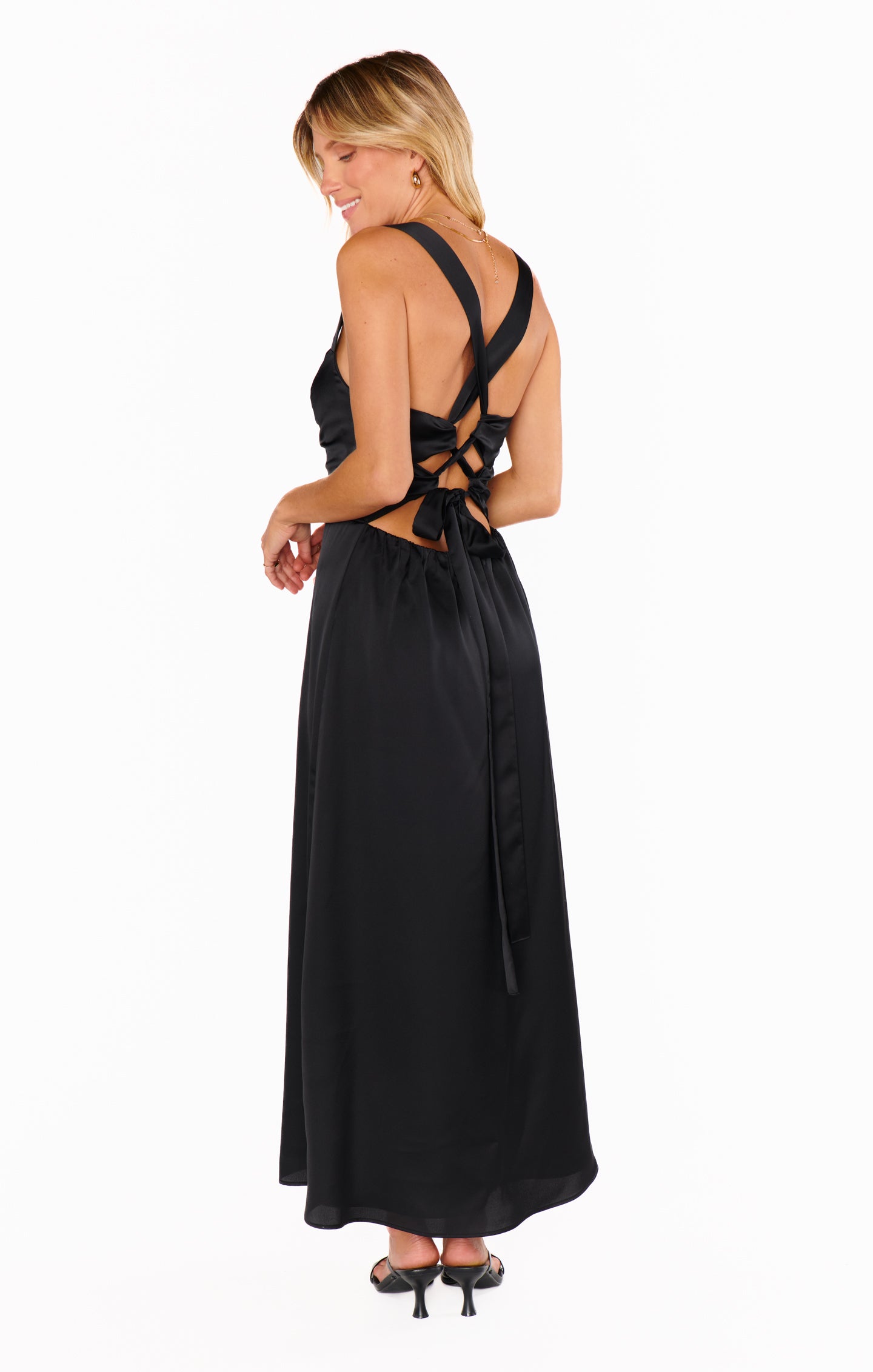 Black Satin Midi Dress with Adjustable Straps & Side Slit