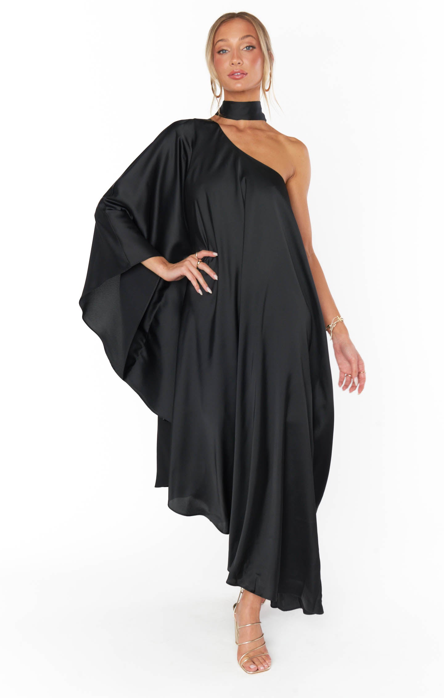 Rhea Black Satin One Shoulder Maxi Dress for Weddings