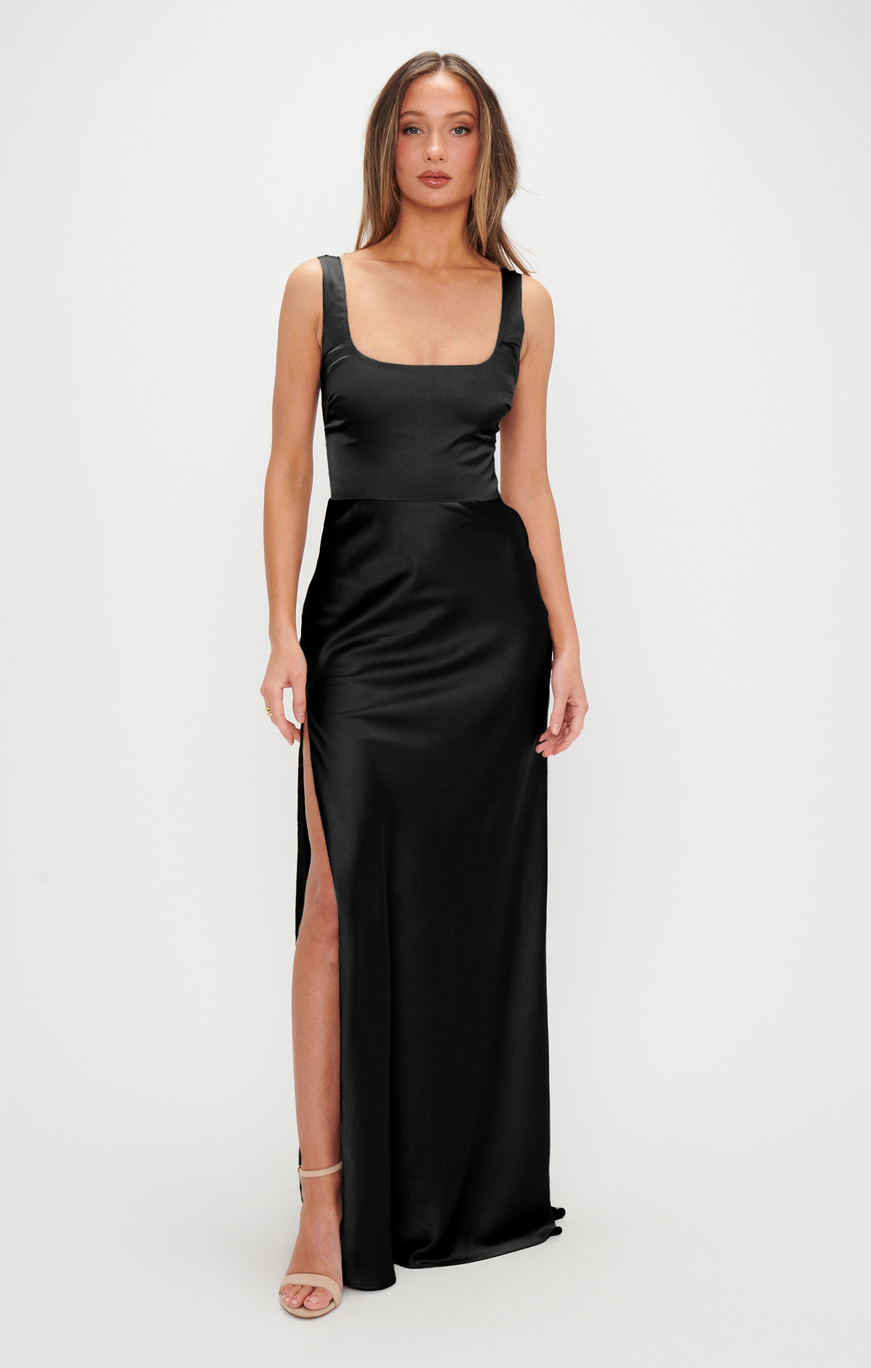 Lana Black Satin Maxi Dress with Detachable Waist Sash