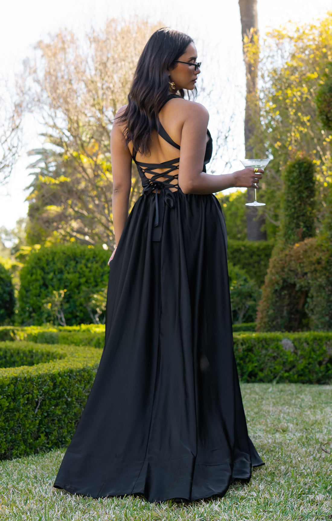 Abigail Black Satin Maxi Dress with Sweetheart Neckline & Leg Slit