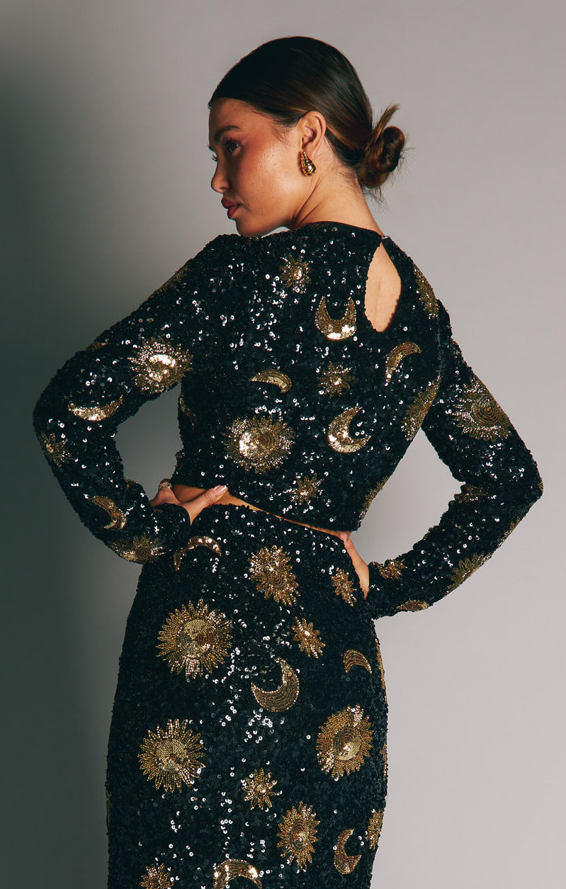 Celestial Sequin Black Party Top - Last Call Long Sleeve Crop