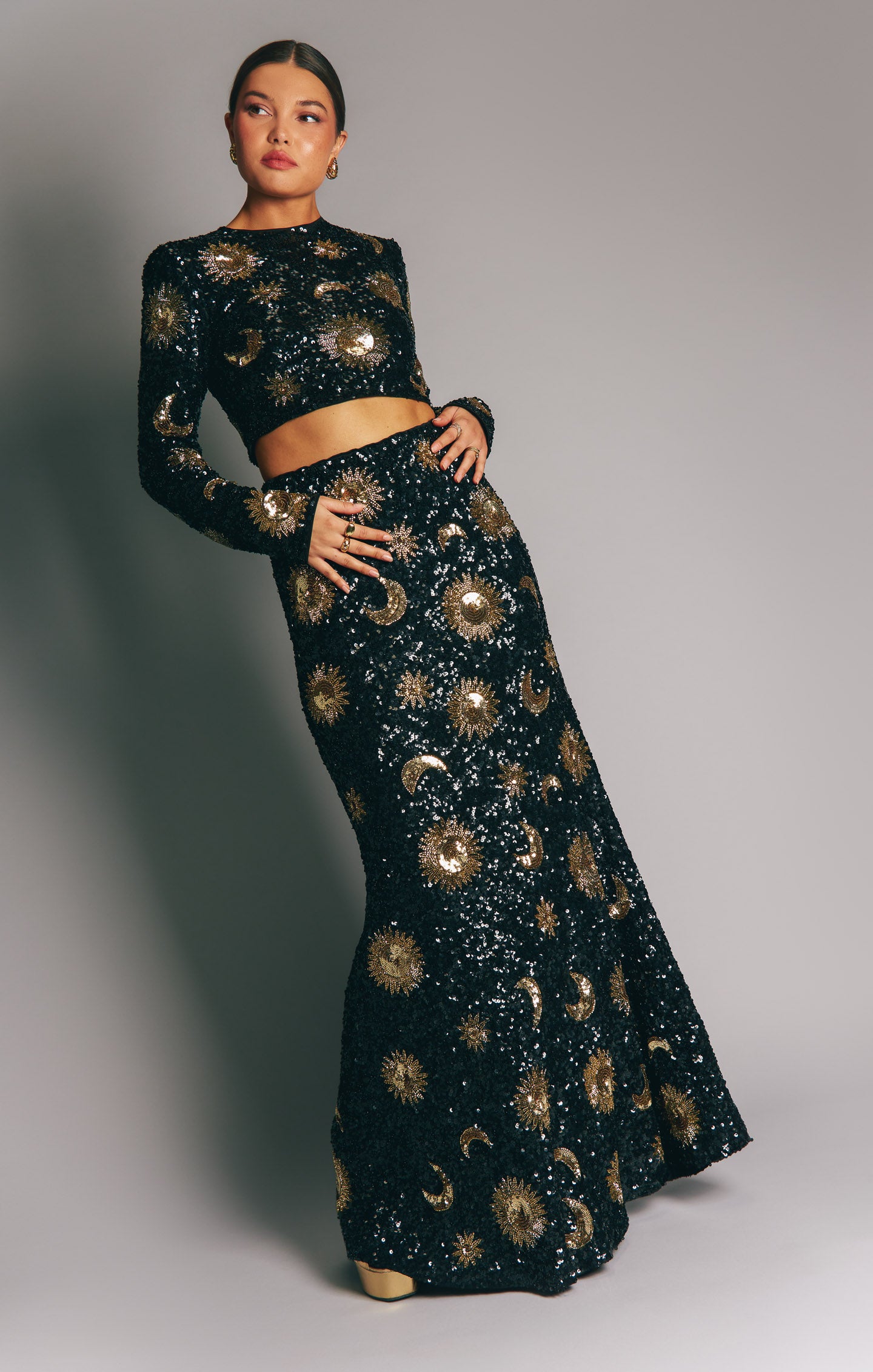 Celestial Sequin Black Party Top - Last Call Long Sleeve Crop