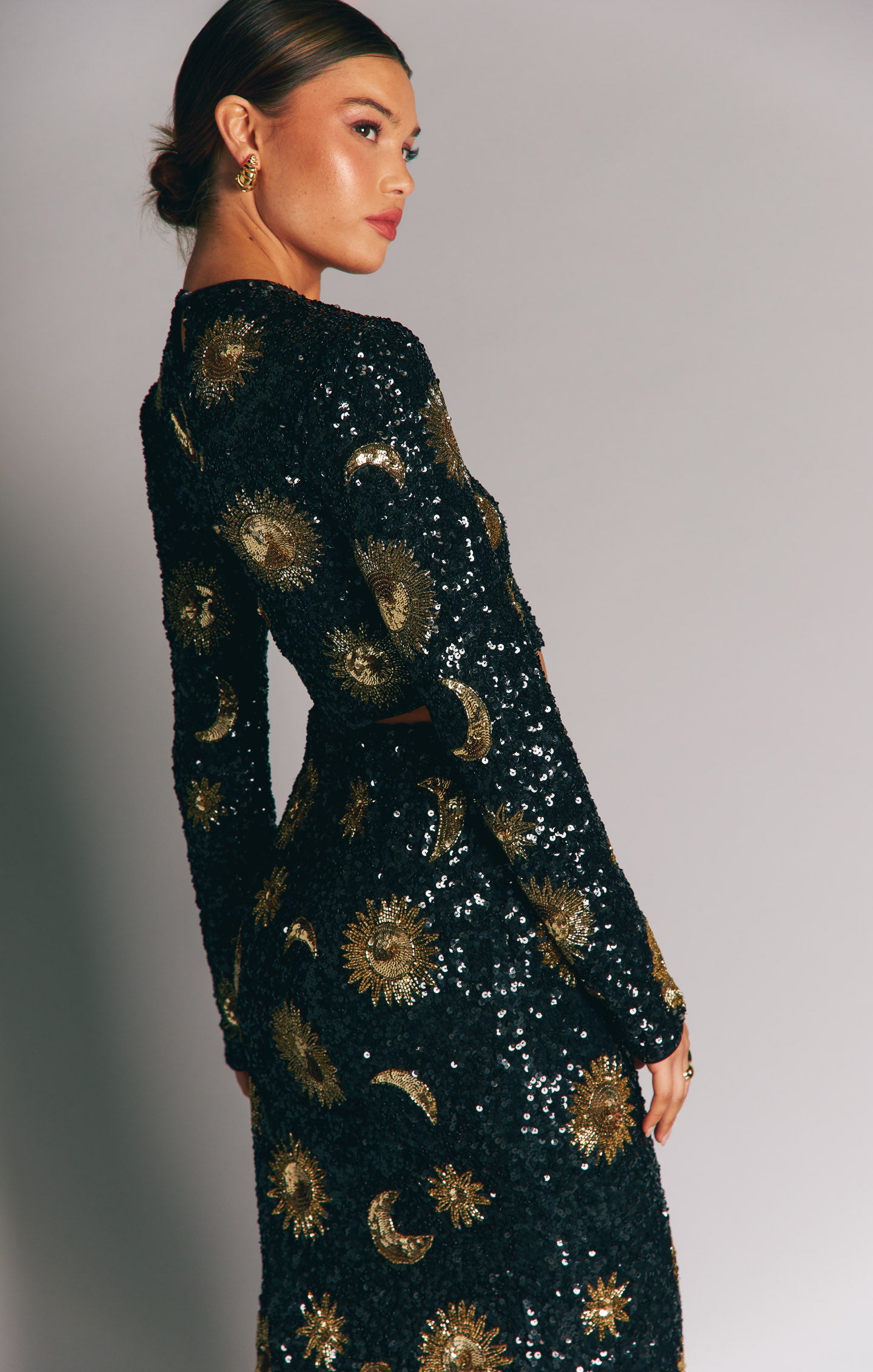Celestial Sequin Black Party Top - Last Call Long Sleeve Crop