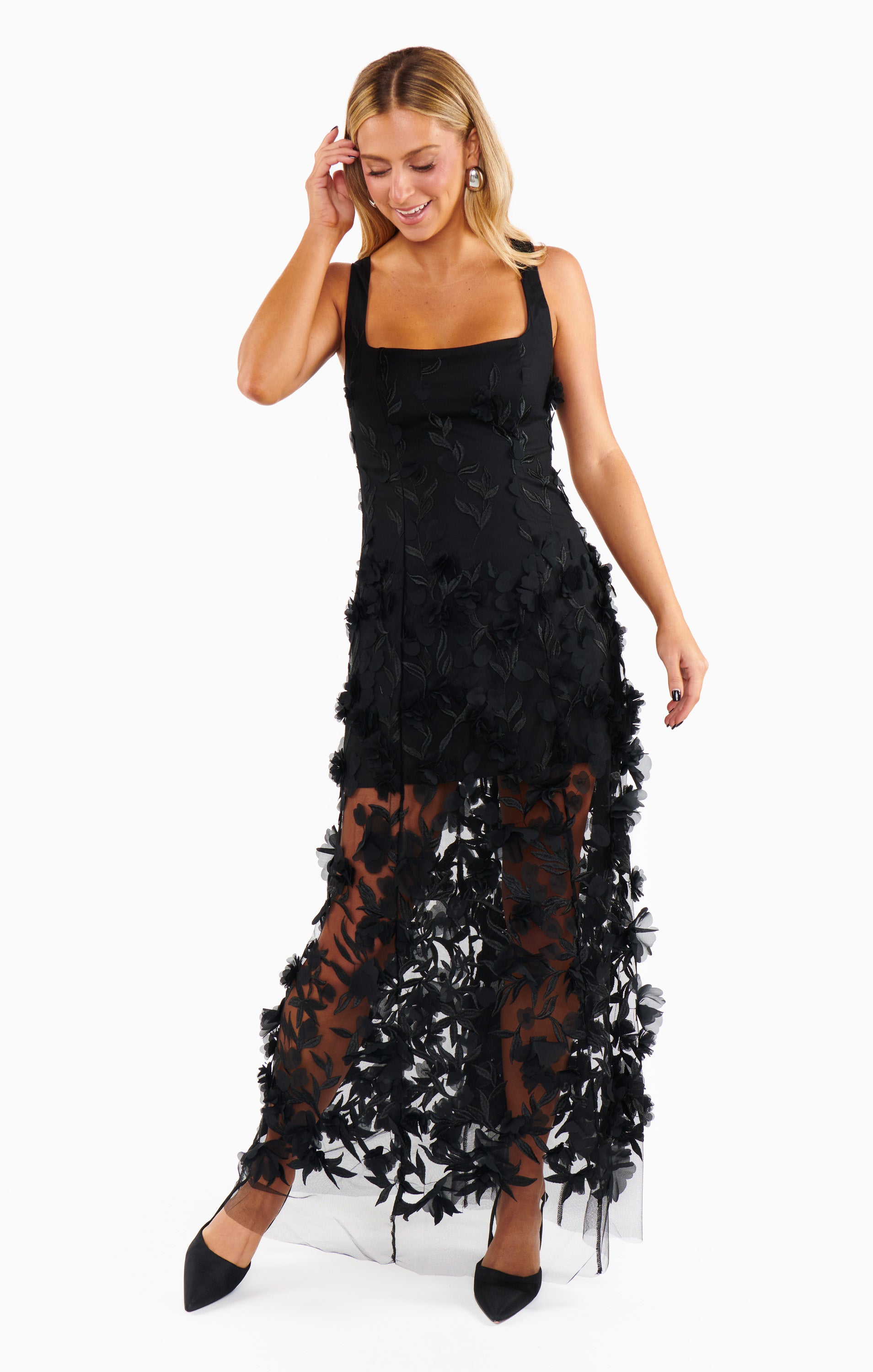 Black Floral Embroidered Stephanie Dress for Women