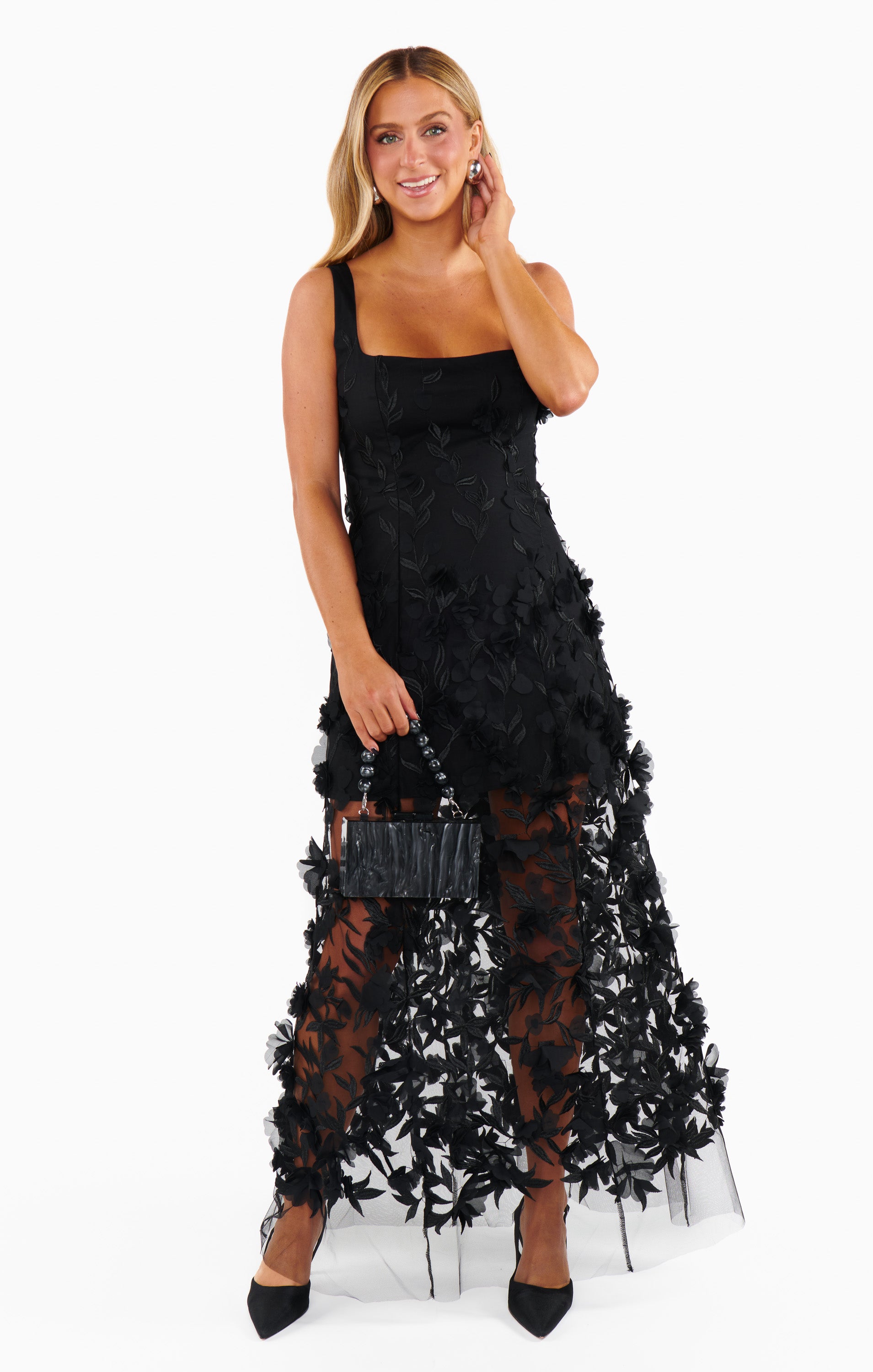 Black Floral Embroidered Stephanie Dress for Women
