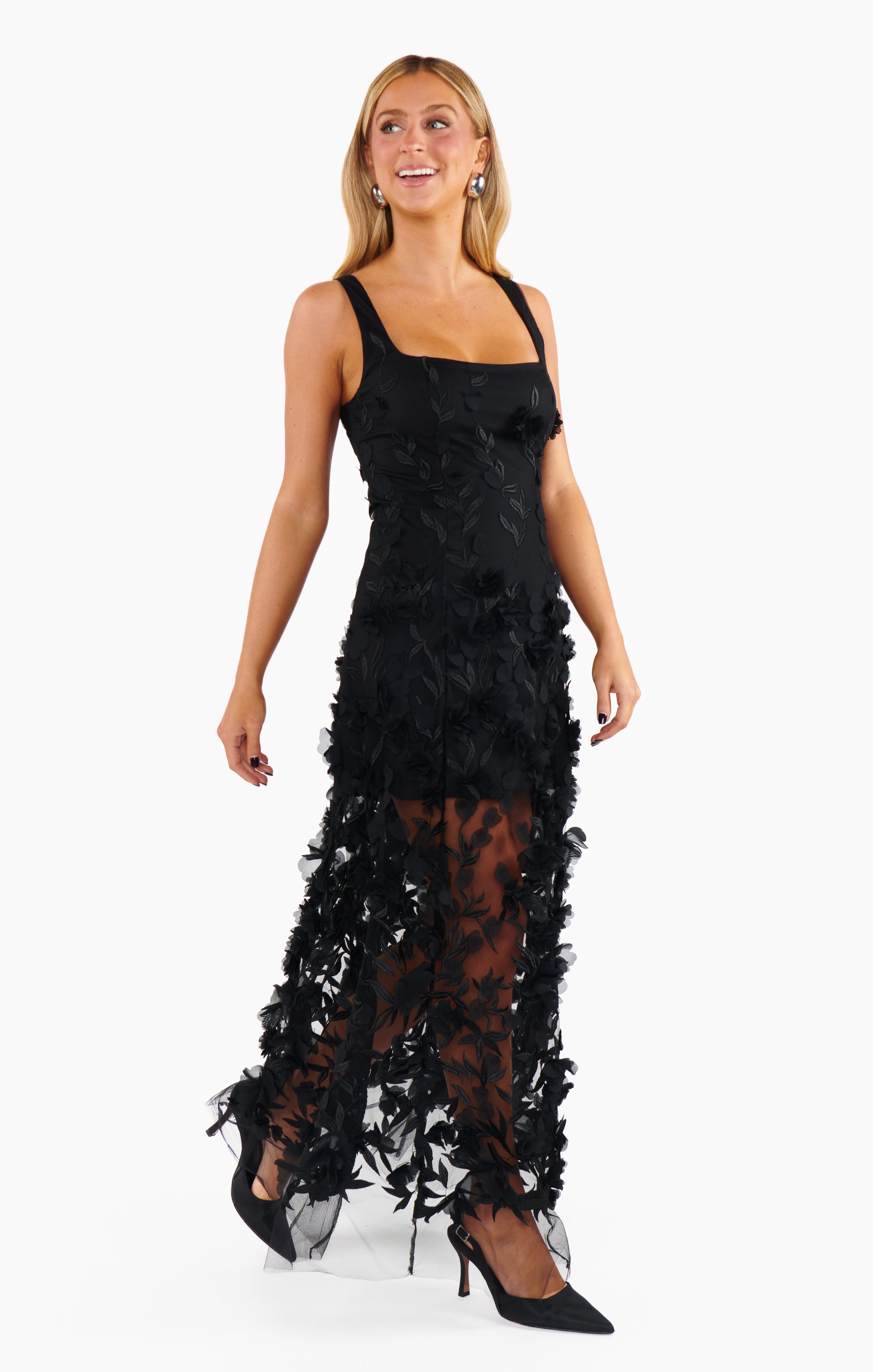 Black Floral Embroidered Stephanie Dress for Women