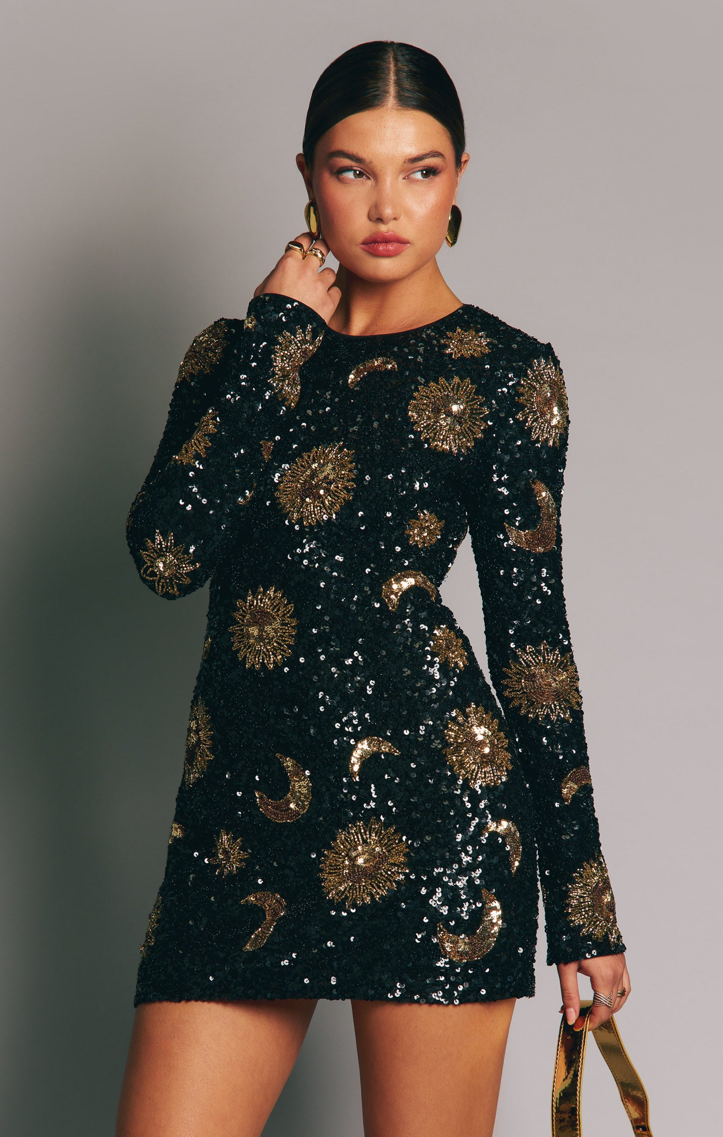 Celestial Sequin Mini Dress with Open Back - Myth Black